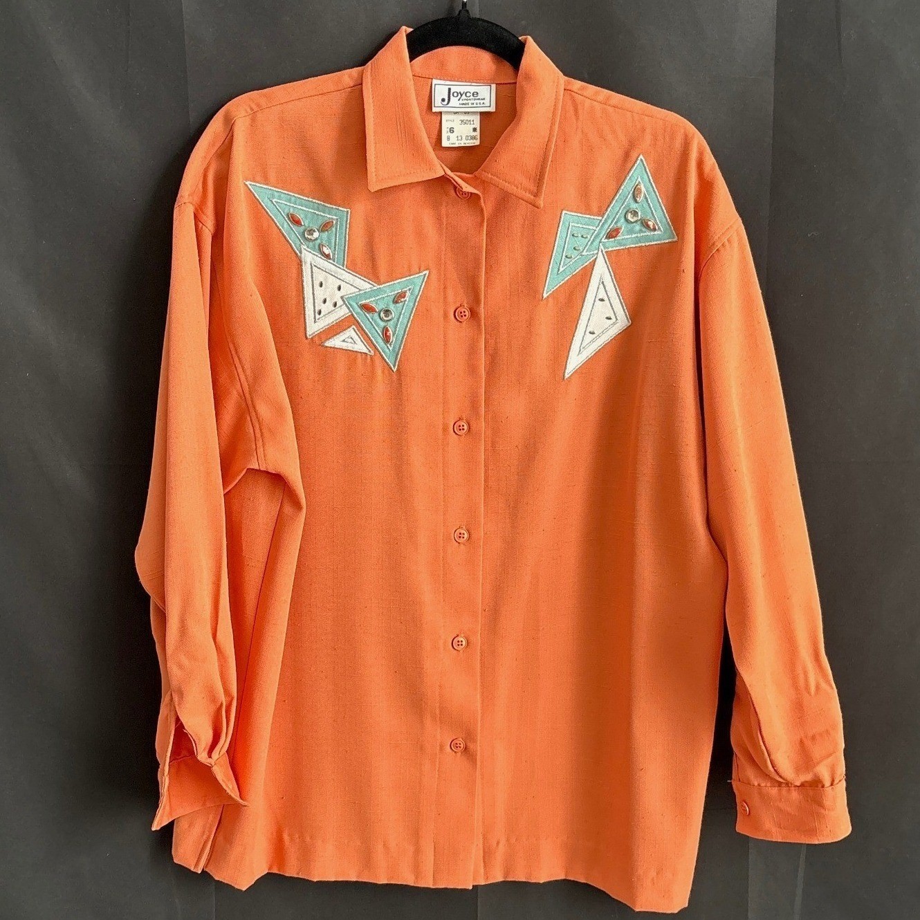 Vintage Joyce Orange Geometric Embellished Button Down Shirt Womens Large 80s 90