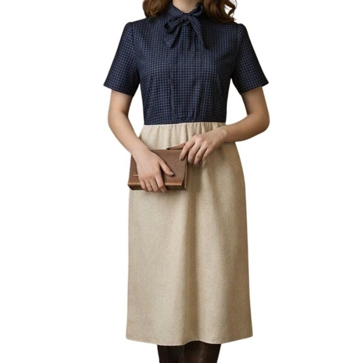 Vintage 1970s Leslie Fay Petites Navy Check Pussycat Bow Mod Dress Union Made