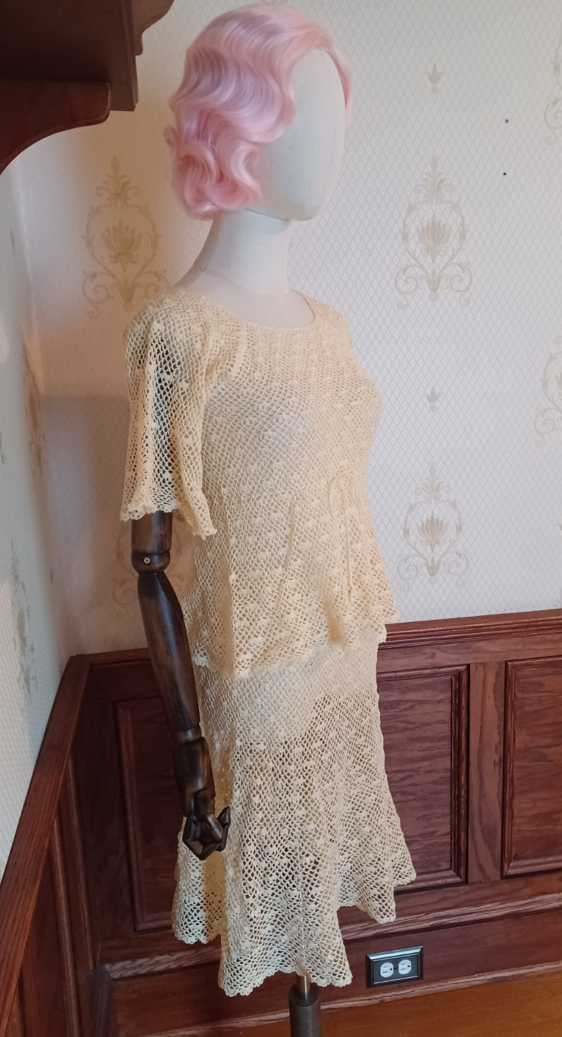 Vintage 1970s Boho/ Hippie/ Beach Wedding Ivory 2-piece Handmade Crochet Dress