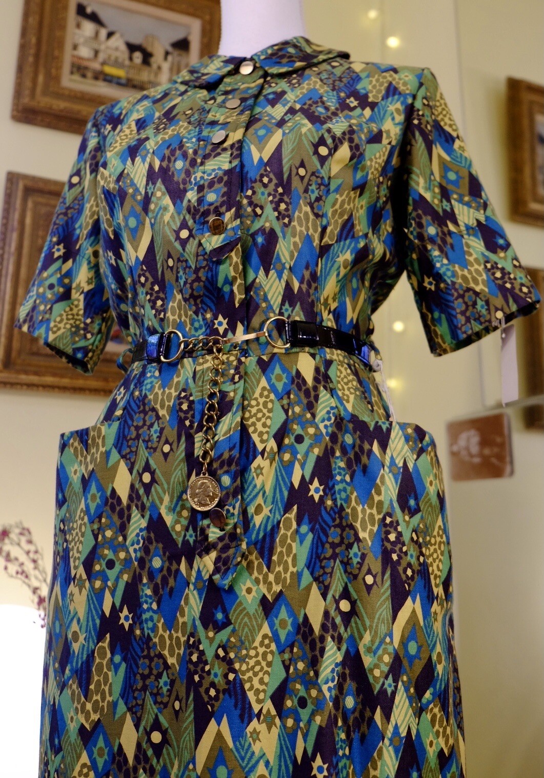VTG NOS Cotton Womens Dress Star Diamond Mod Pattern Small Medium