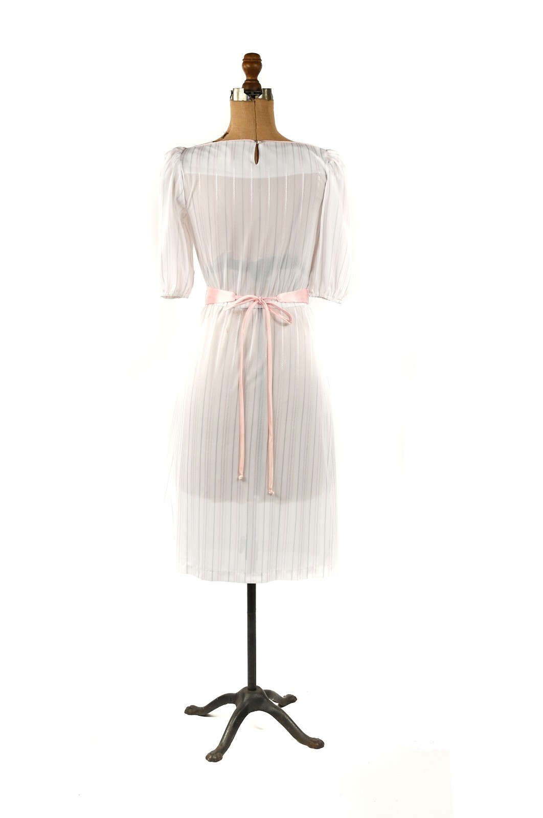Vintage 80s Semi Sheer White + Pastel Pink Pinstripe Puff Sleeve Preppy Dress S