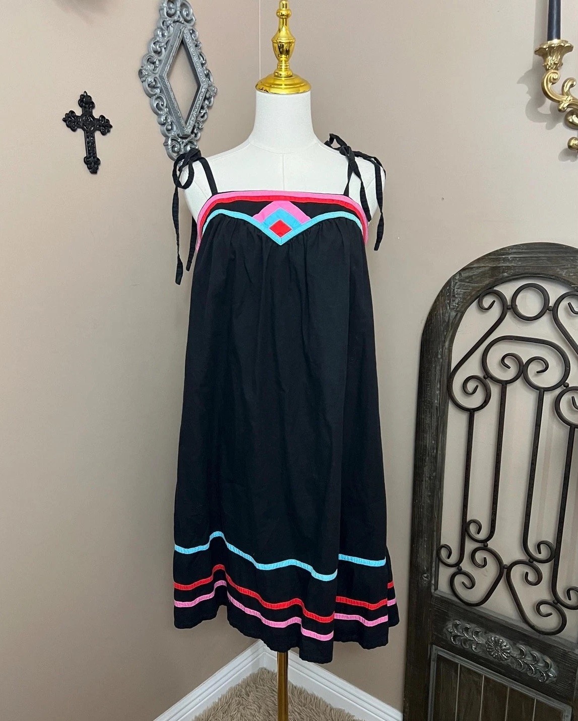Vintage 70s Neiman Marcus Black Cotton Shoulder Tie Sundress Retro Mod Size L