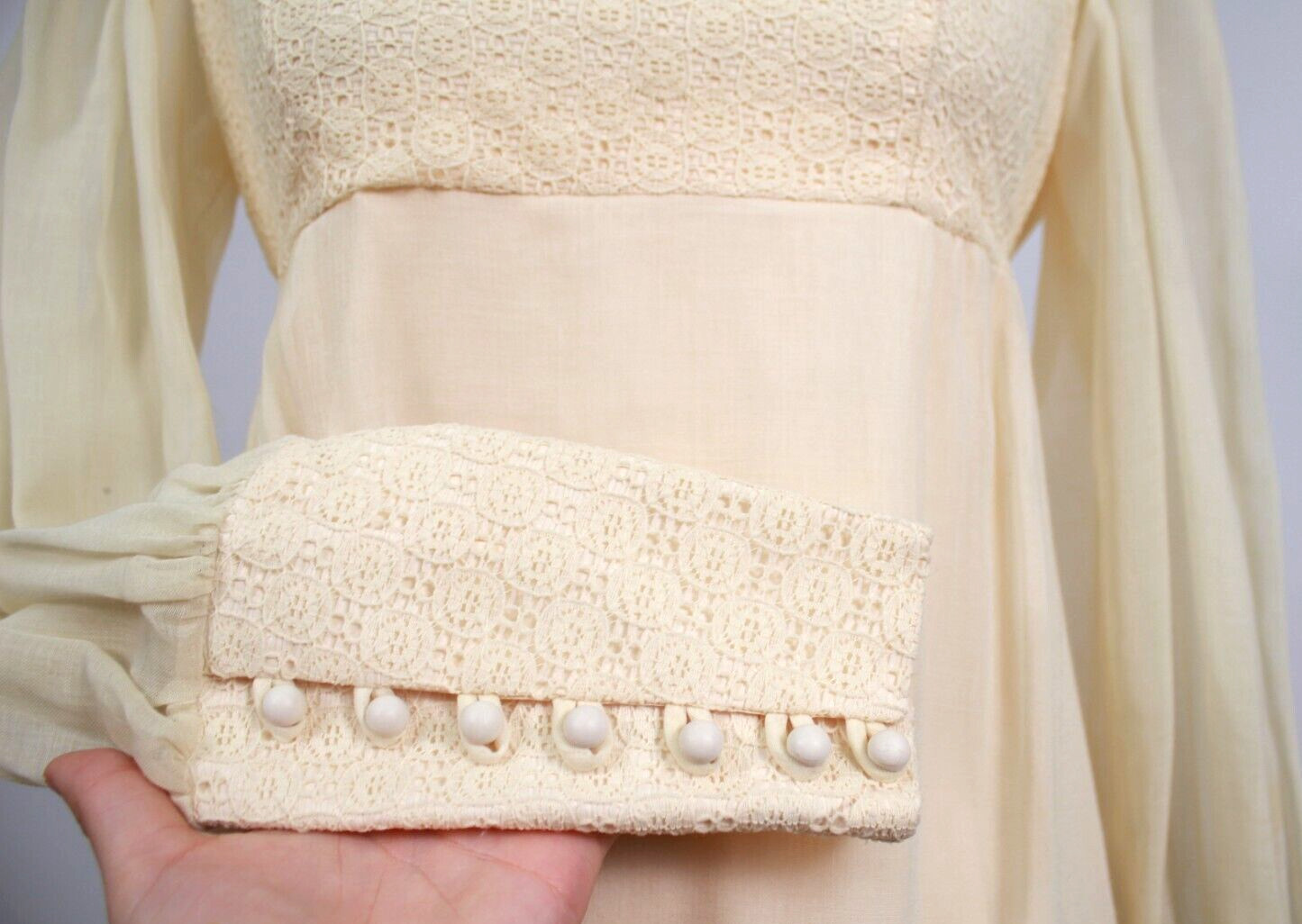 Vtg Women’s 70s Cream Prairie Maxi Dress 1970s Long Gown Sz XS/S Candi Jones