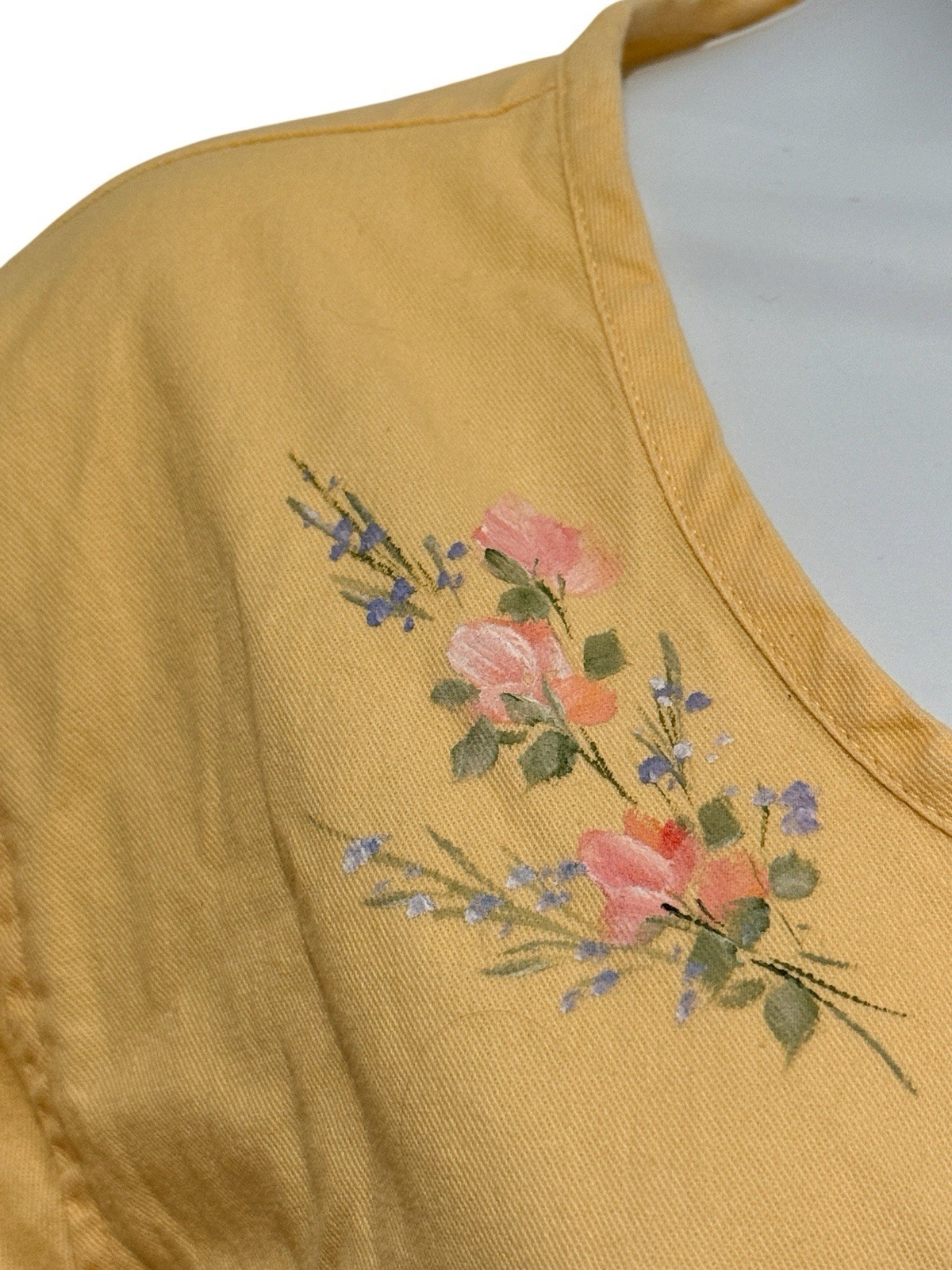 Vintage 90s Sunbelt Midi Dress L Yellow Handpainted Floral Cotton Button Front