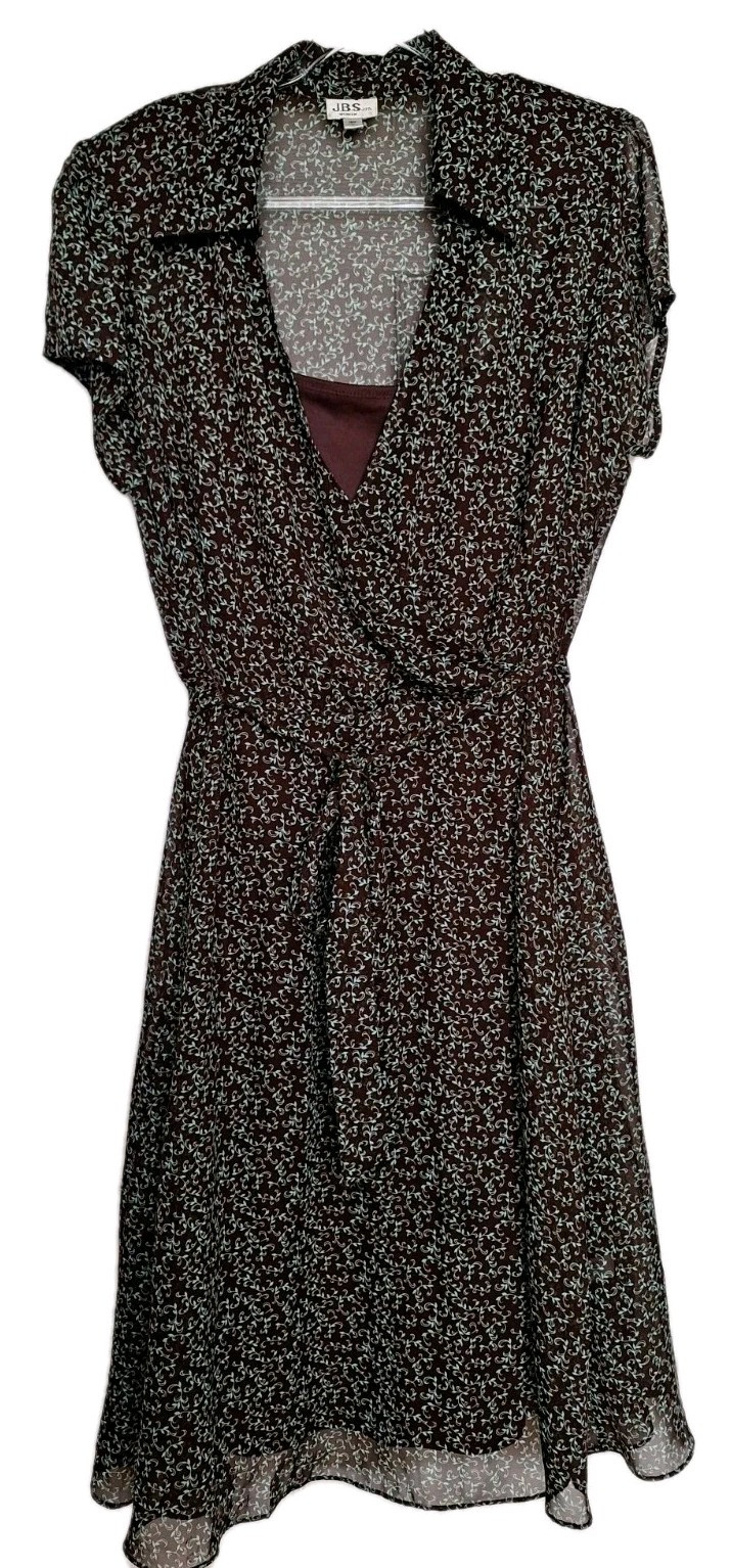 JBS LTD 90s Midi Dress Slip Belt Brown Sheer Blue Floral SS Sz 18 Fairy Grunge