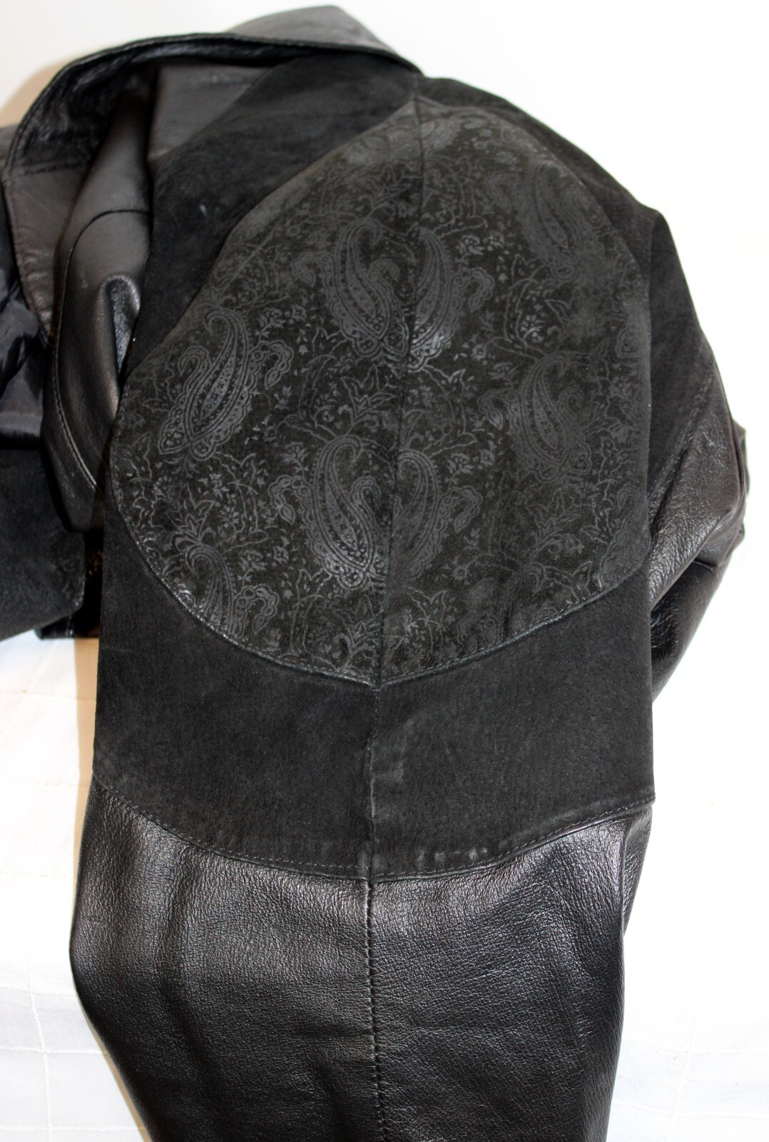 Vtg 80s Preston & York Leather Coat sz XL BLack Embossed Paisley Suede Modern