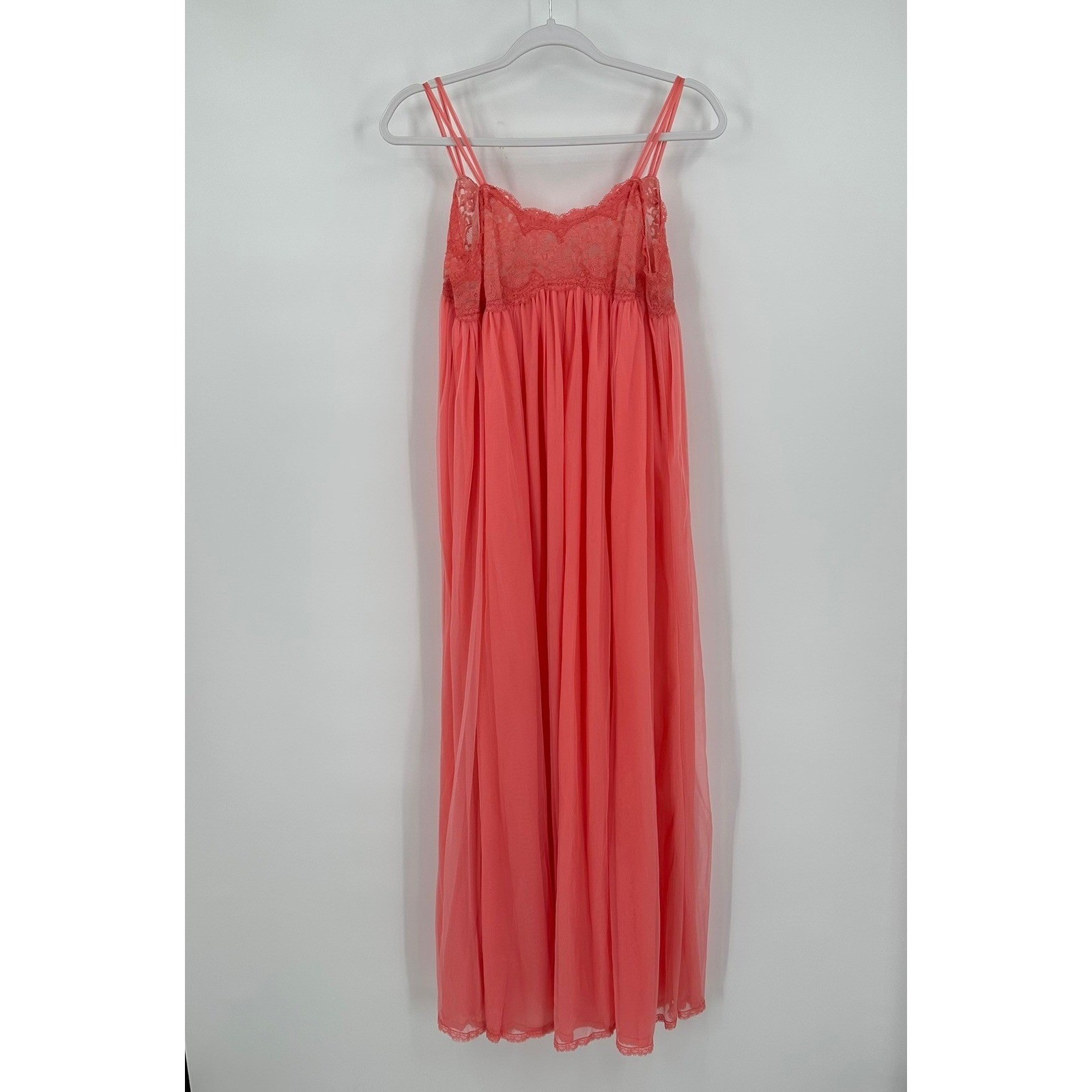 Vintage Womens Coral Lace Sheer Maxi Nightgown Robe Set Romantic Peignoir Size L