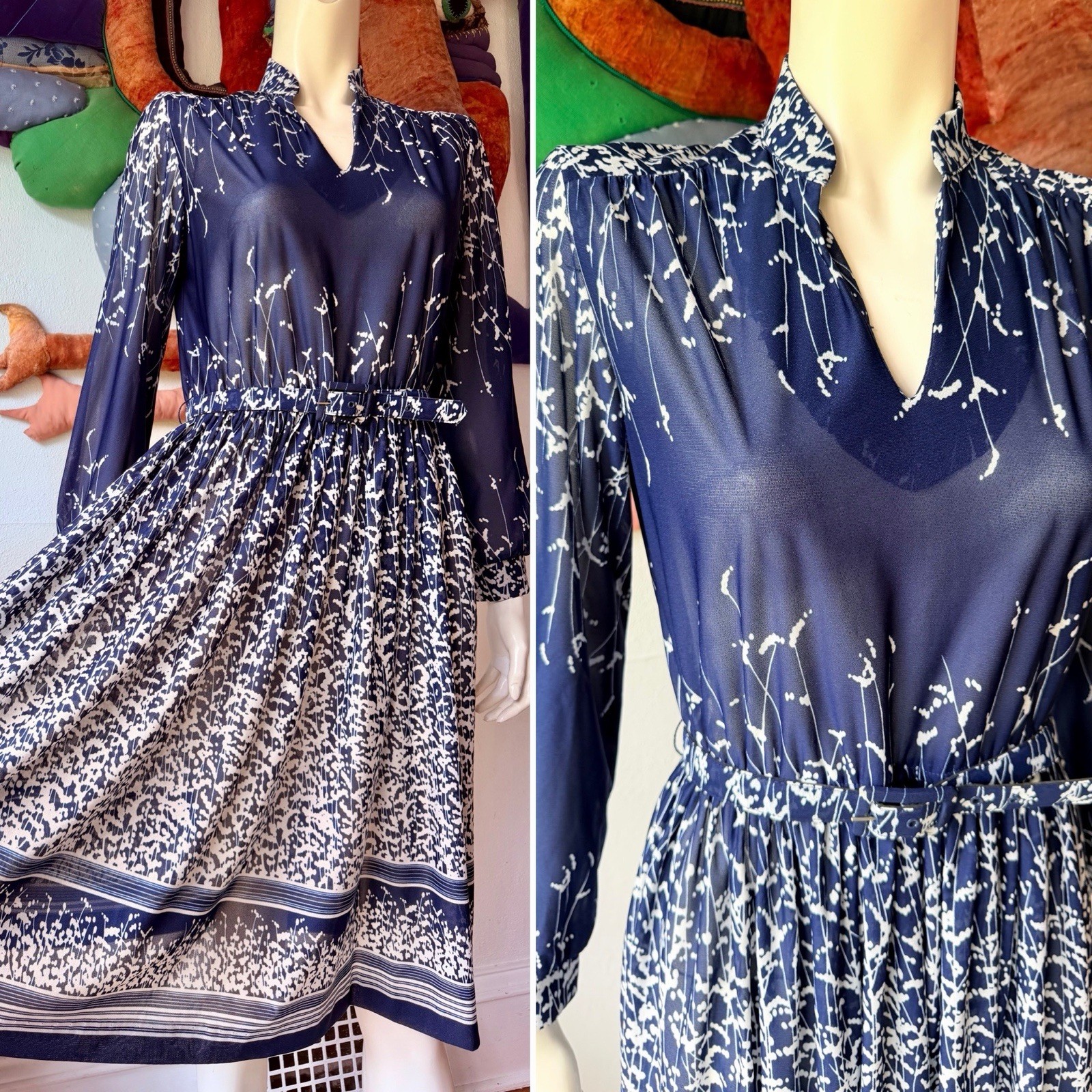 Vintage 1970s 1980s OP ART DRESS Semi-sheer Navy Blue Murray Meisner Secretary M