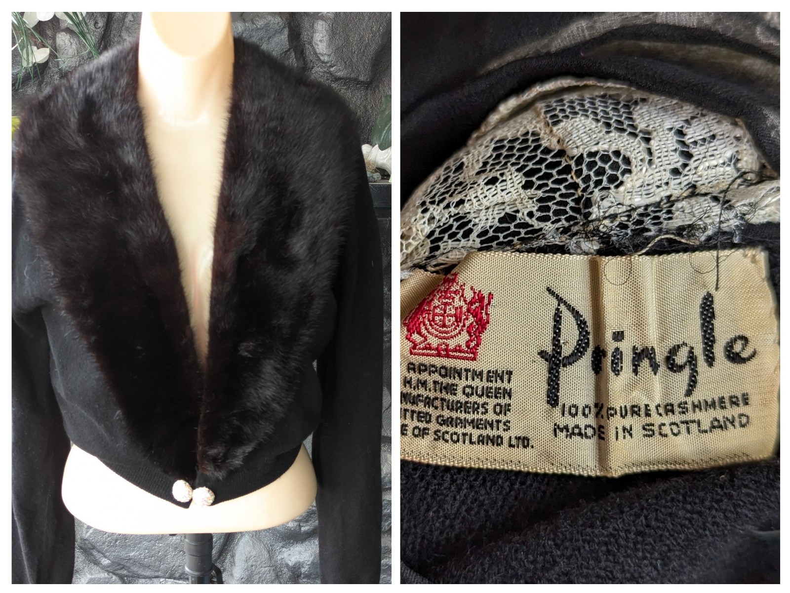 Pringle Scotland ROYAL WARRANT Cashmere w/ Genuine Mink Shawl Collar S/M Vtg