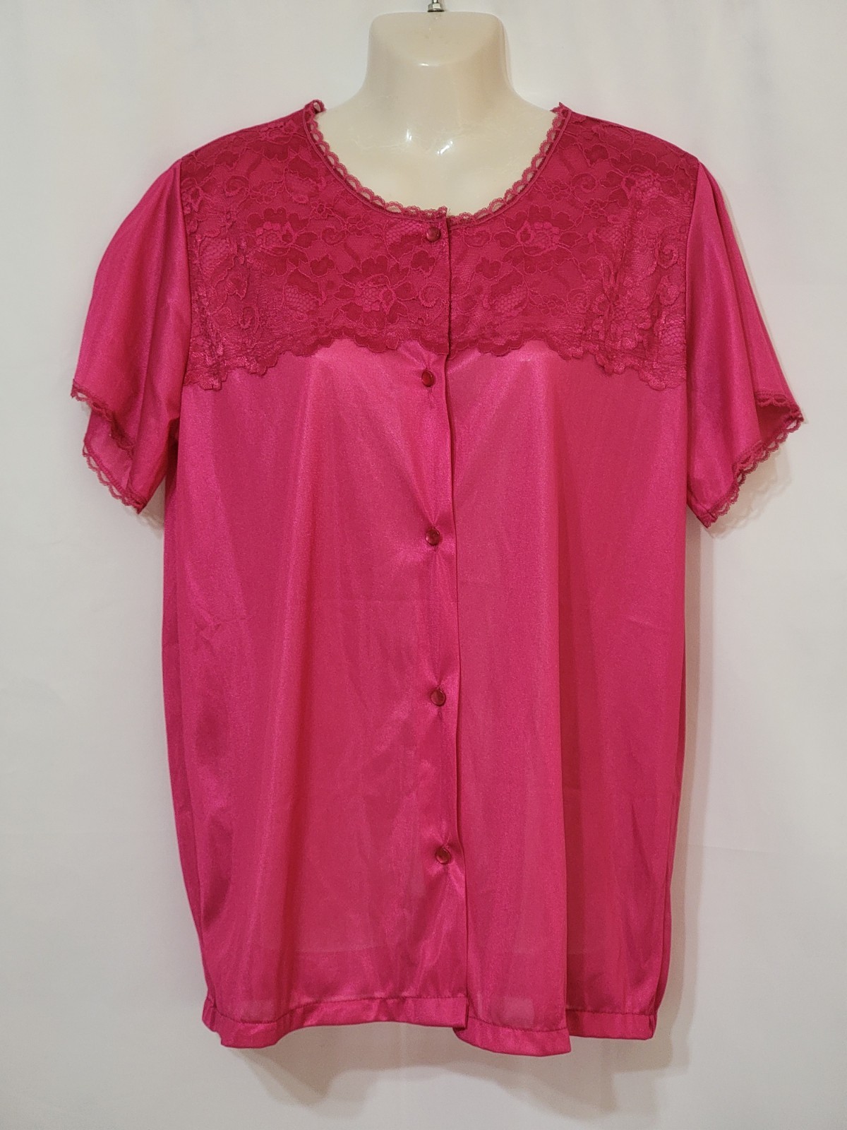 NWTS VINTAGE SEARS CARRIAGE COURT DEEP PINK PJ PAJAMA TOP MED PETITE NYLON+LACE