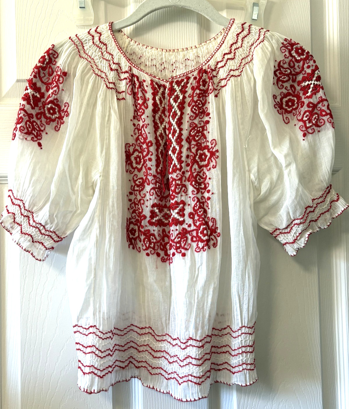Authentic Antique 1930s 40s Yugoslavian Hand Embroidered Hand Smocked Blouse S-M