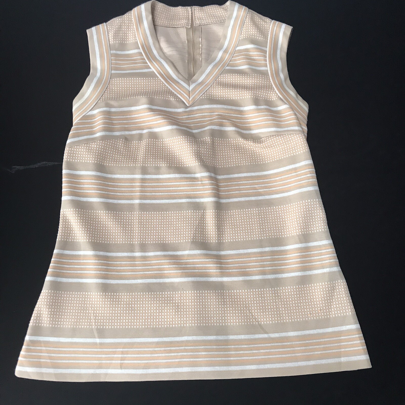 Vintage 60s 70s Women Small Medium Top Striped Knit Tennis Preppy Mod Beige Tank