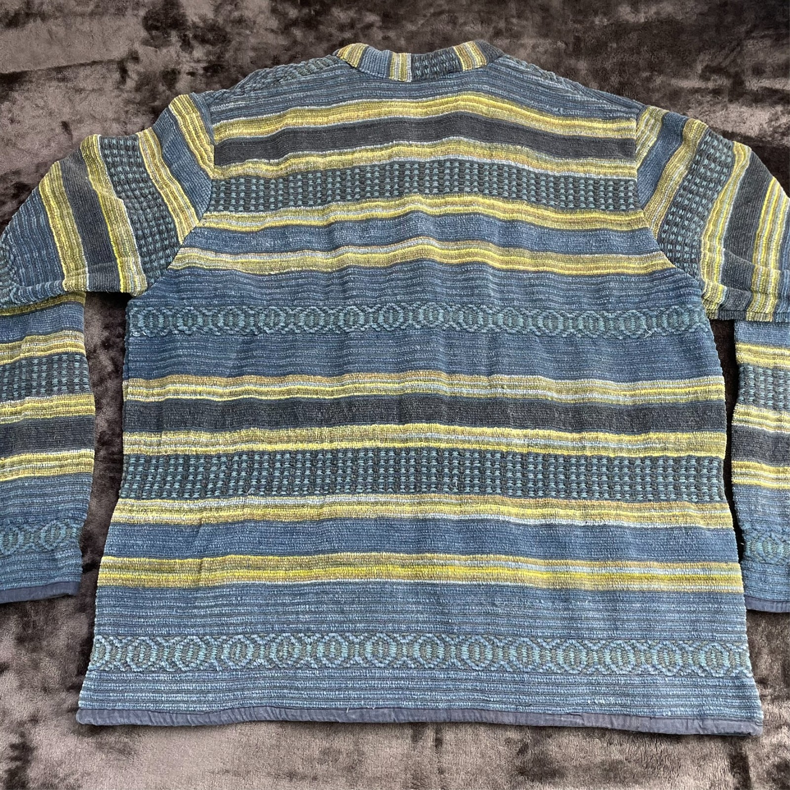 VTG 90s Flashback Woven Cotton Jacket Blue Yellow Striped Boho Button Cardigan