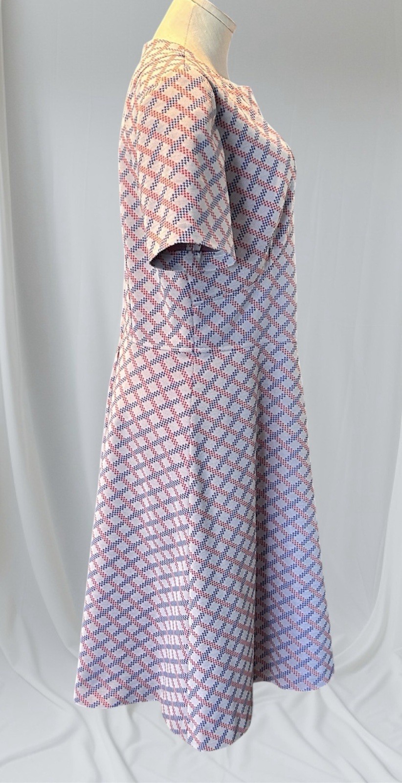Mod Print Hand Made L Polyester Dress 1960’s Blue Red White Plaid Vtg