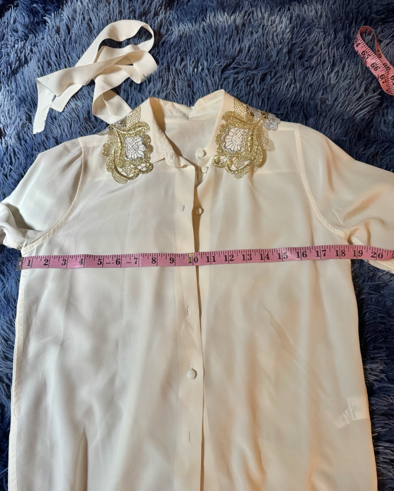 Vtg Silk Ivory Off White Blouse Gold Silver Collar Shirt Top Covered Buttons XS
