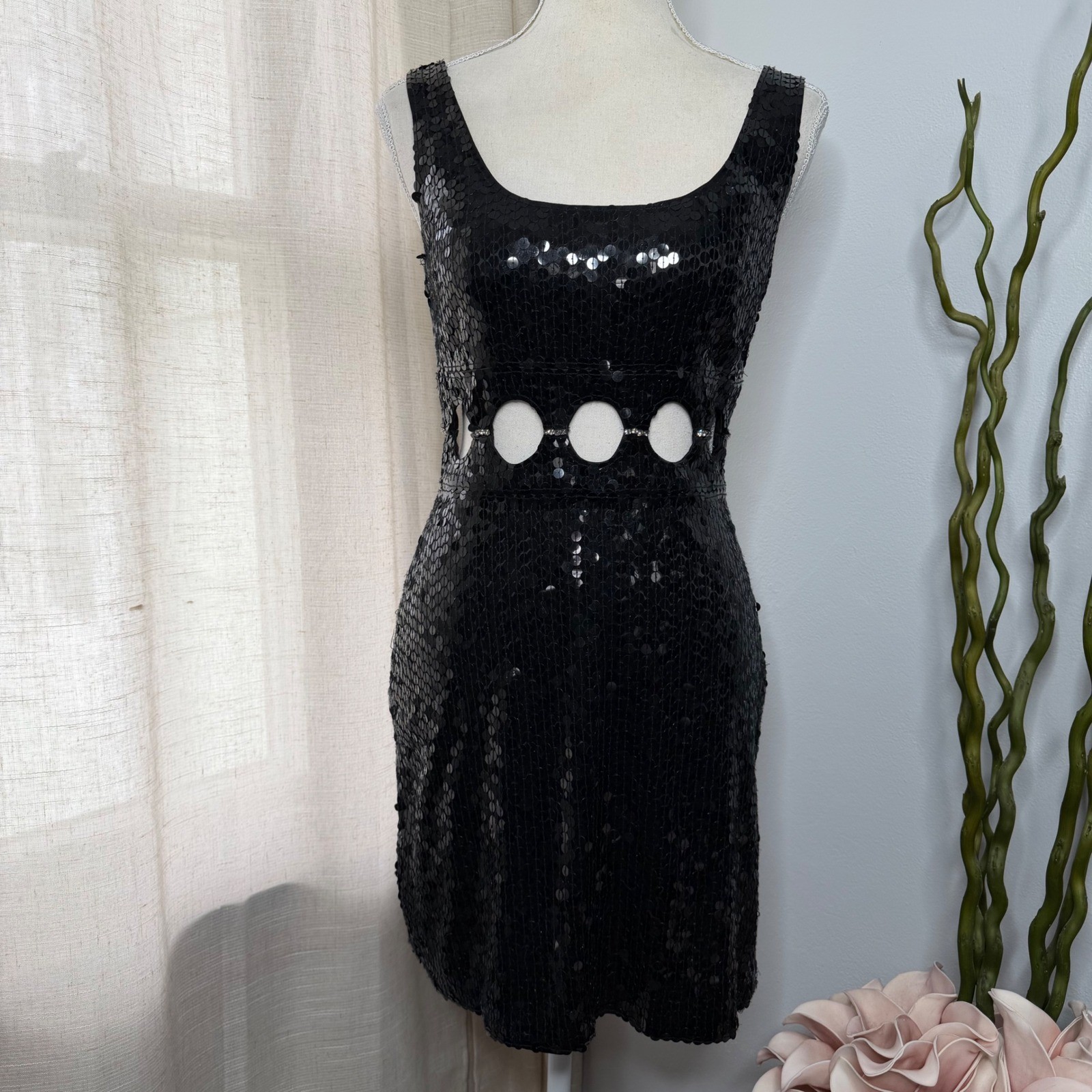 Vintage Niteline Della Roufogali Sequin Cutout Rhinestone Mini Dress Black 4