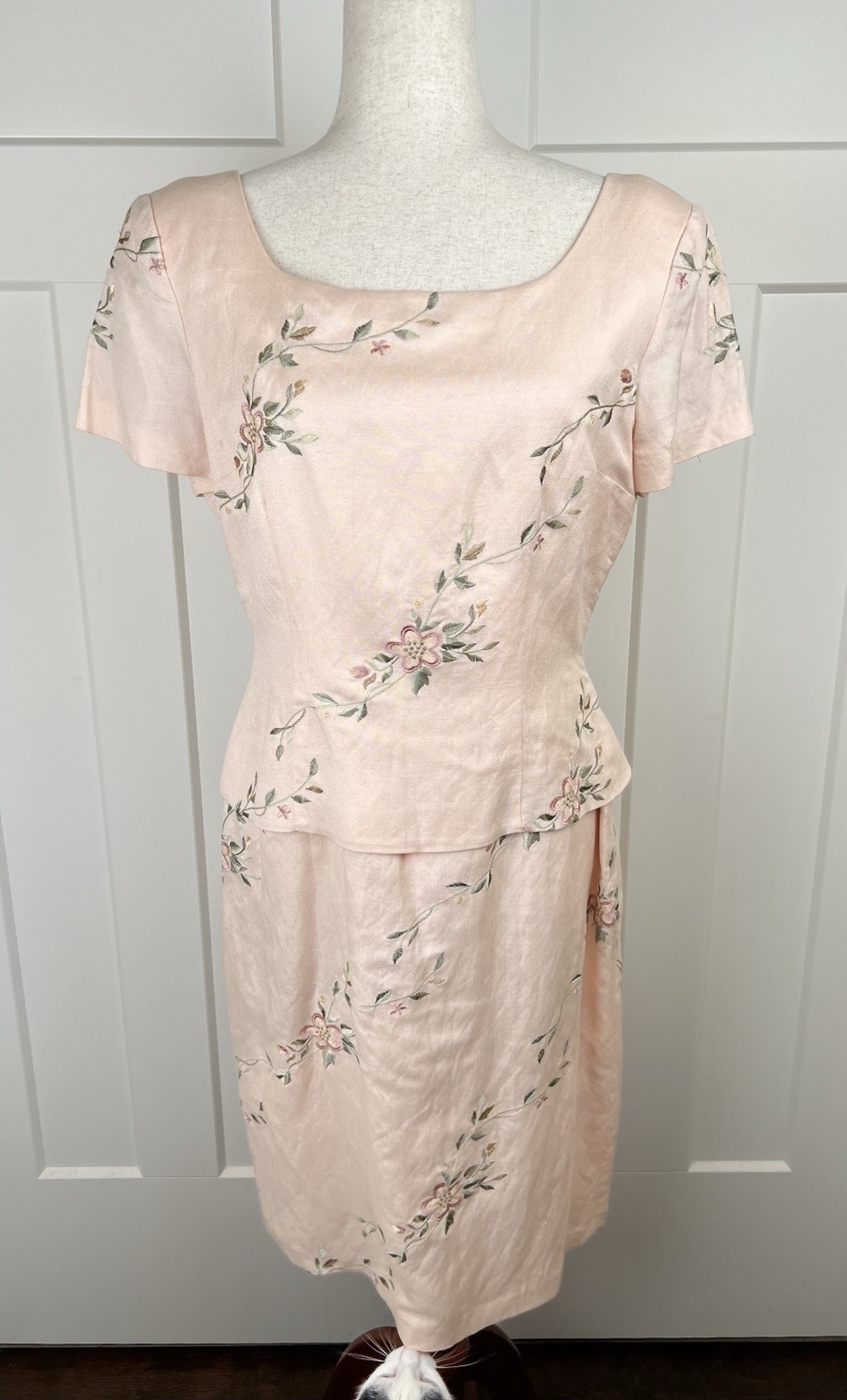 Vintage Donna Morgan Dress 10 Pink Linen Blend Embroidered Floral Midi Cottage
