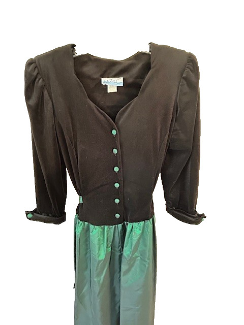 Just Ducky Vtg Dress Sz12-13 Black Velvet Emerald Green Taffeta Buttons Ties
