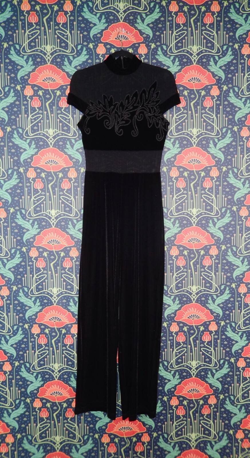 Vintage 90’s Y2K Black Stretch Velvet Mesh Cocktail Mob Wife Jumpsuit 10 New