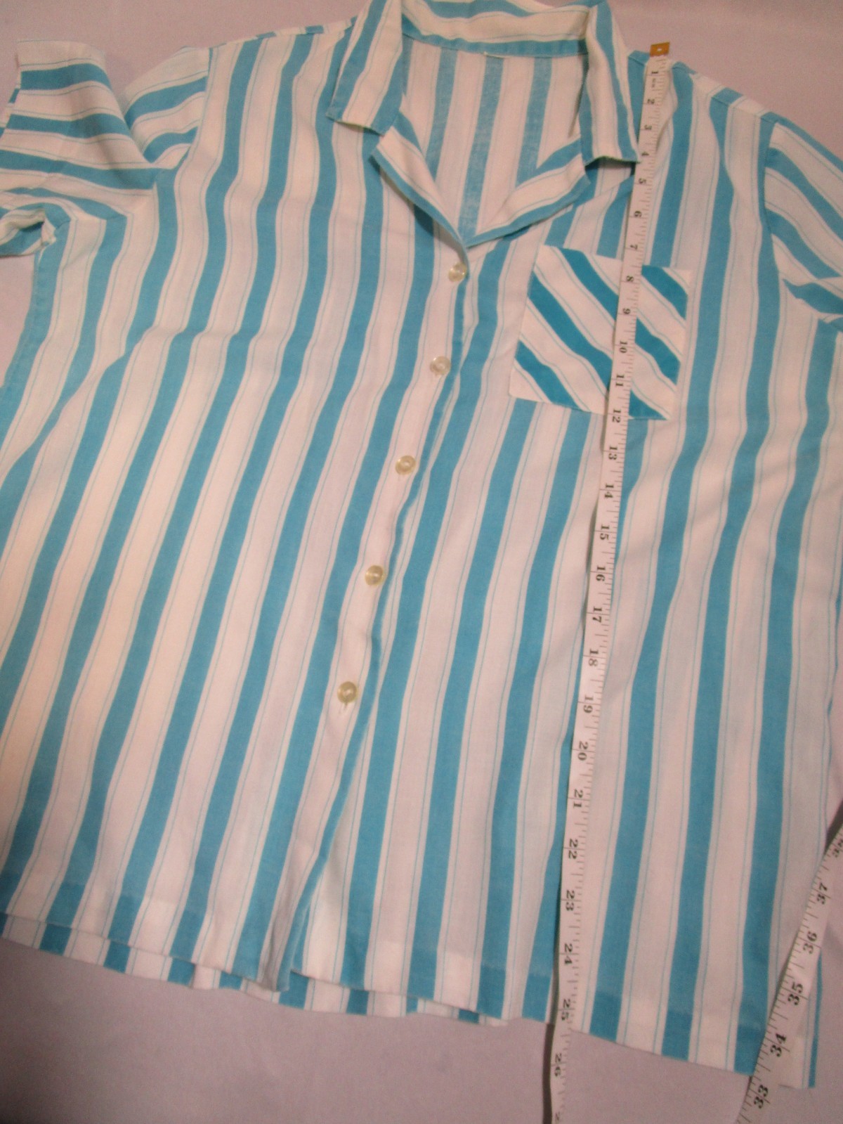 Handmade Vintage Single Stitch Light Turquoise Button Up Short Sleeve Blouse L