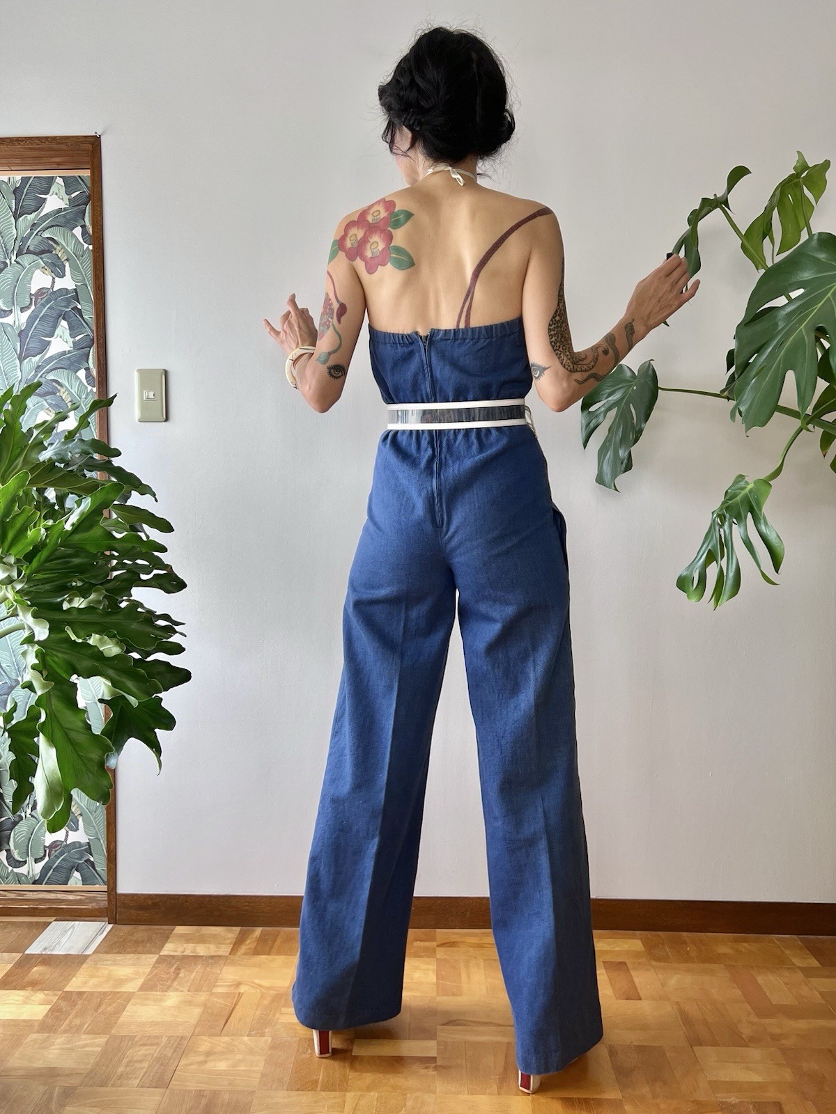 1970s Happy Legs Rainbow Chain Stitch Strapless Denim Jumpsuit Wide Leg XS/S