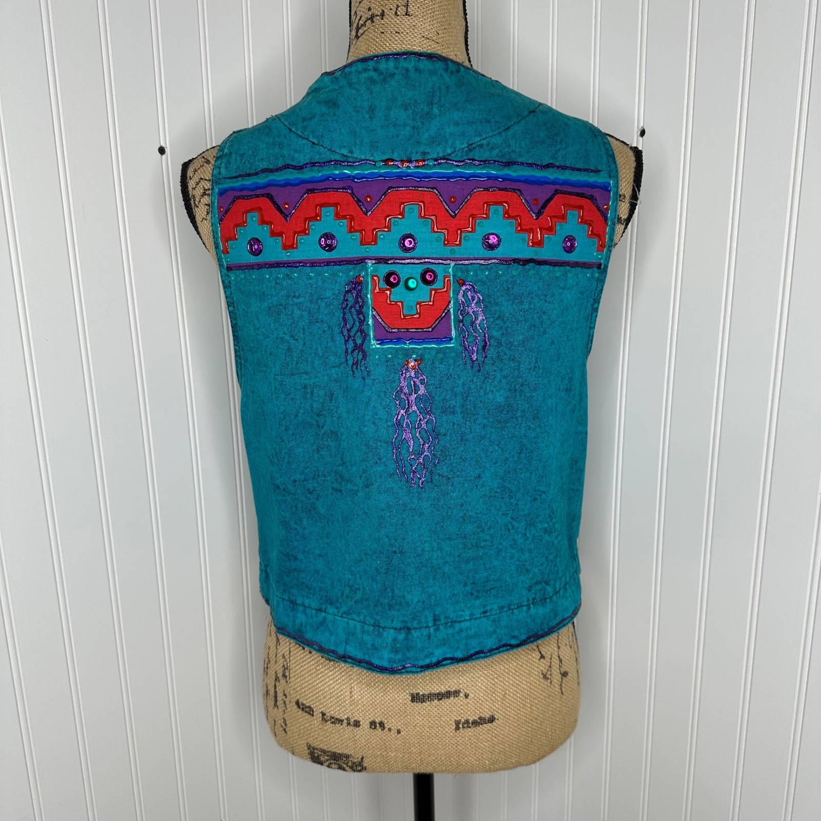 Vtg Turquoise Tyrtle Painted Design Wear Vest Southwestern Acid Wash Festival OS