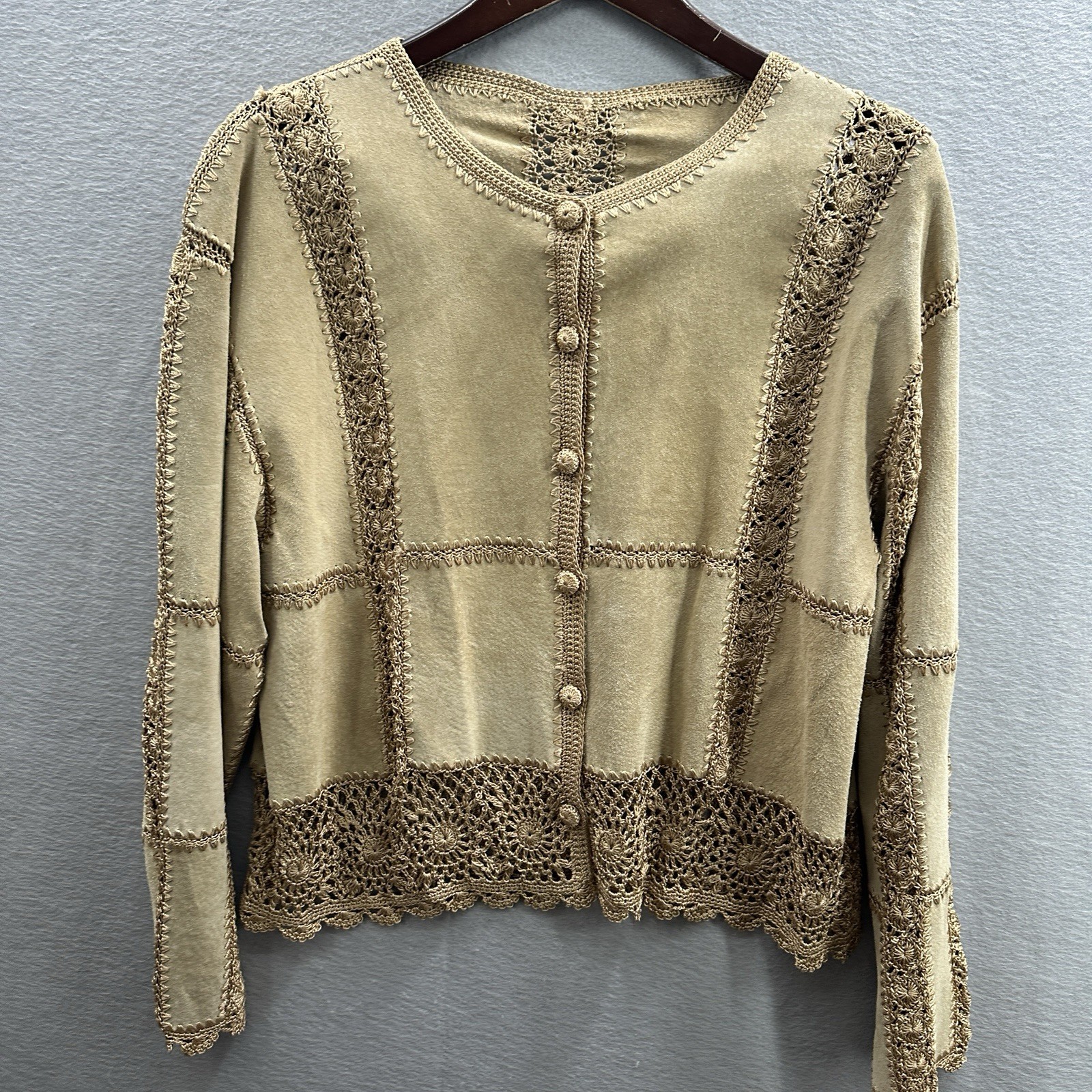 Vintage Suede & Crochet Tan Jacket Hippy Boho Grunge Quiet 70s y2k Women’s L