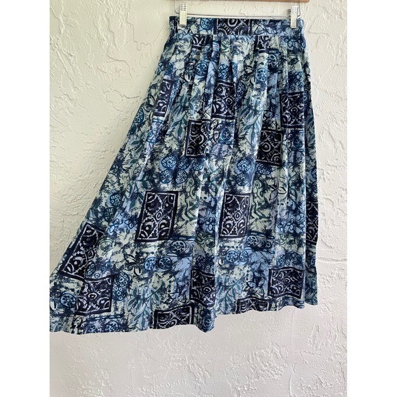 Melrose Petite Silk Skirt Womens Small Vintage Blue Abstract Midi