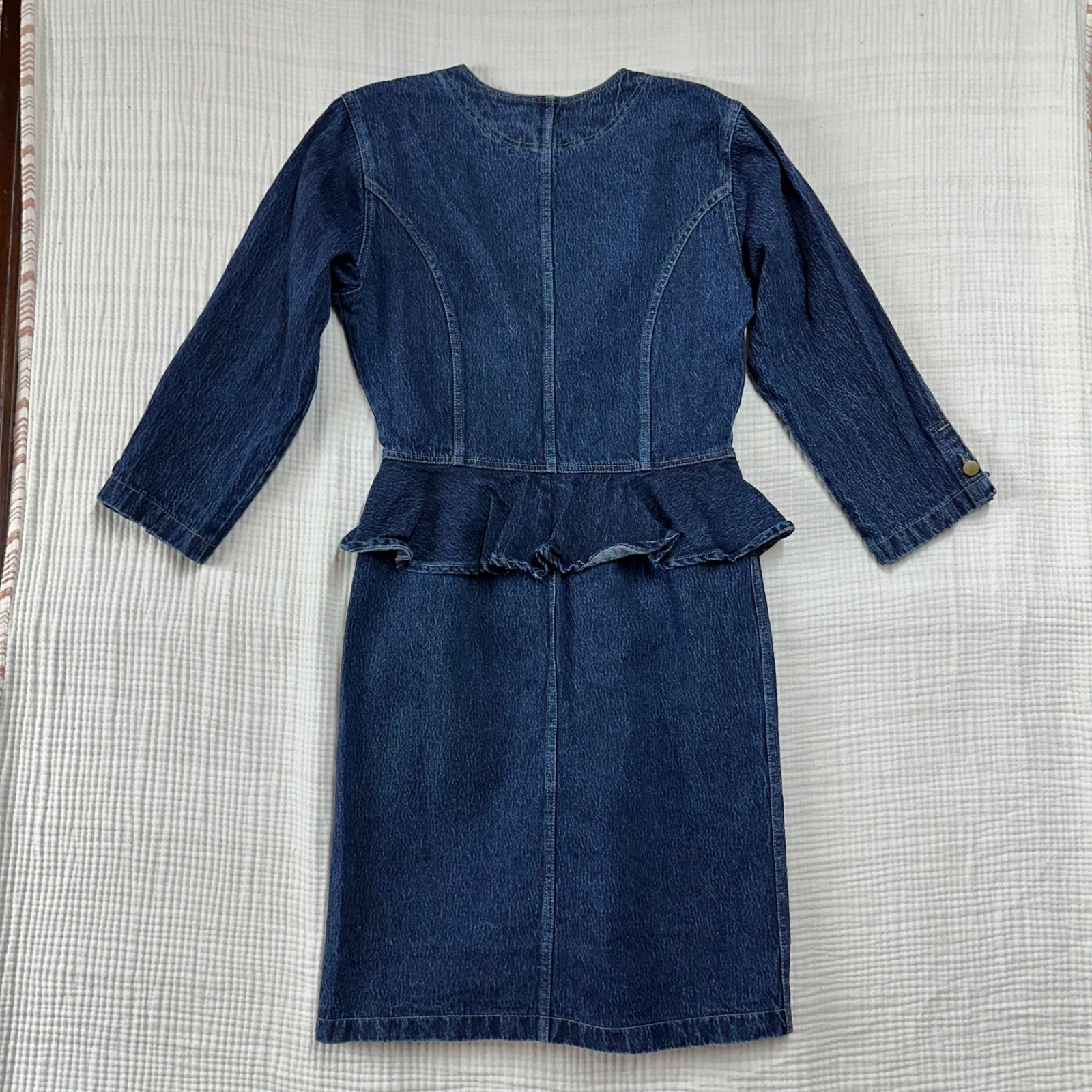 Betsy’s Things 90s VTG Denim Peplum Button Front Midi Dress Dark Wash Blue Sz 7