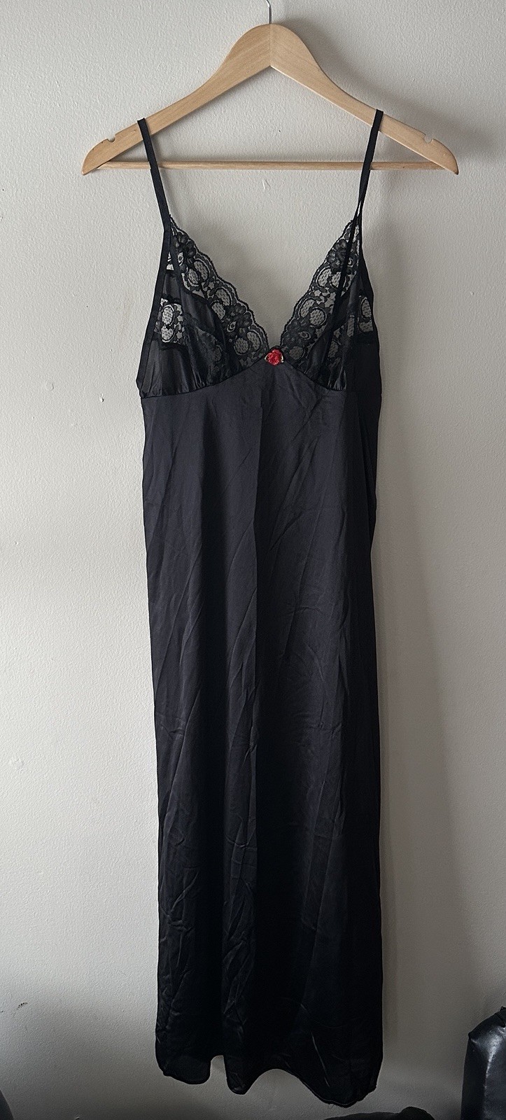 Vtg Petra Fashions Black Lace Slip Dress-Maxi Nightgown-Red Rose Accent-Y2K/Goth