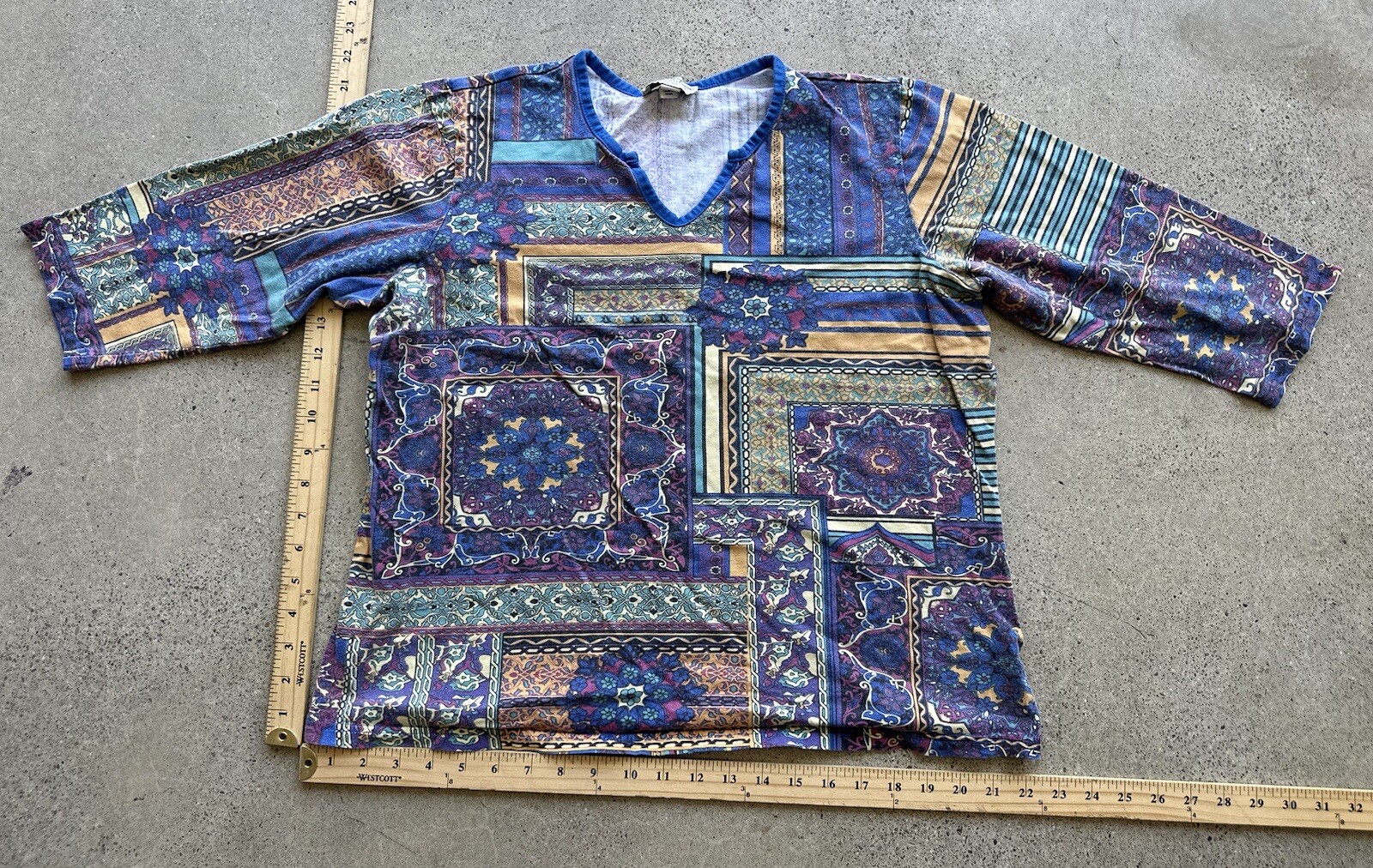 Vintage Norm Thompson Abstract Floral Psychedelic Rug Design 3/4 Sleeve Top Sz M