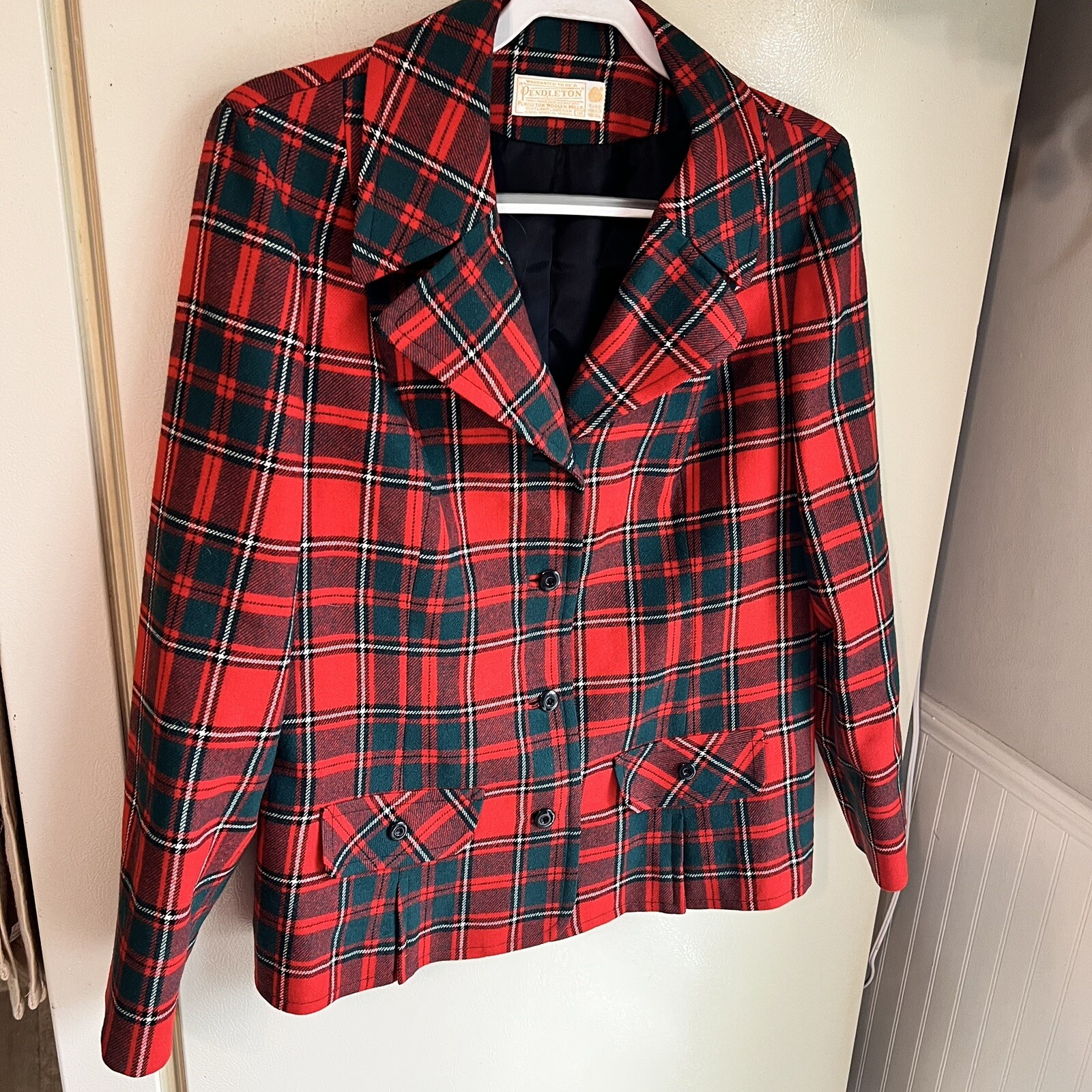 Pendleton Vintage 70s Red & Black Tartan 100% Virgin Wool Classic Blazer Size 18