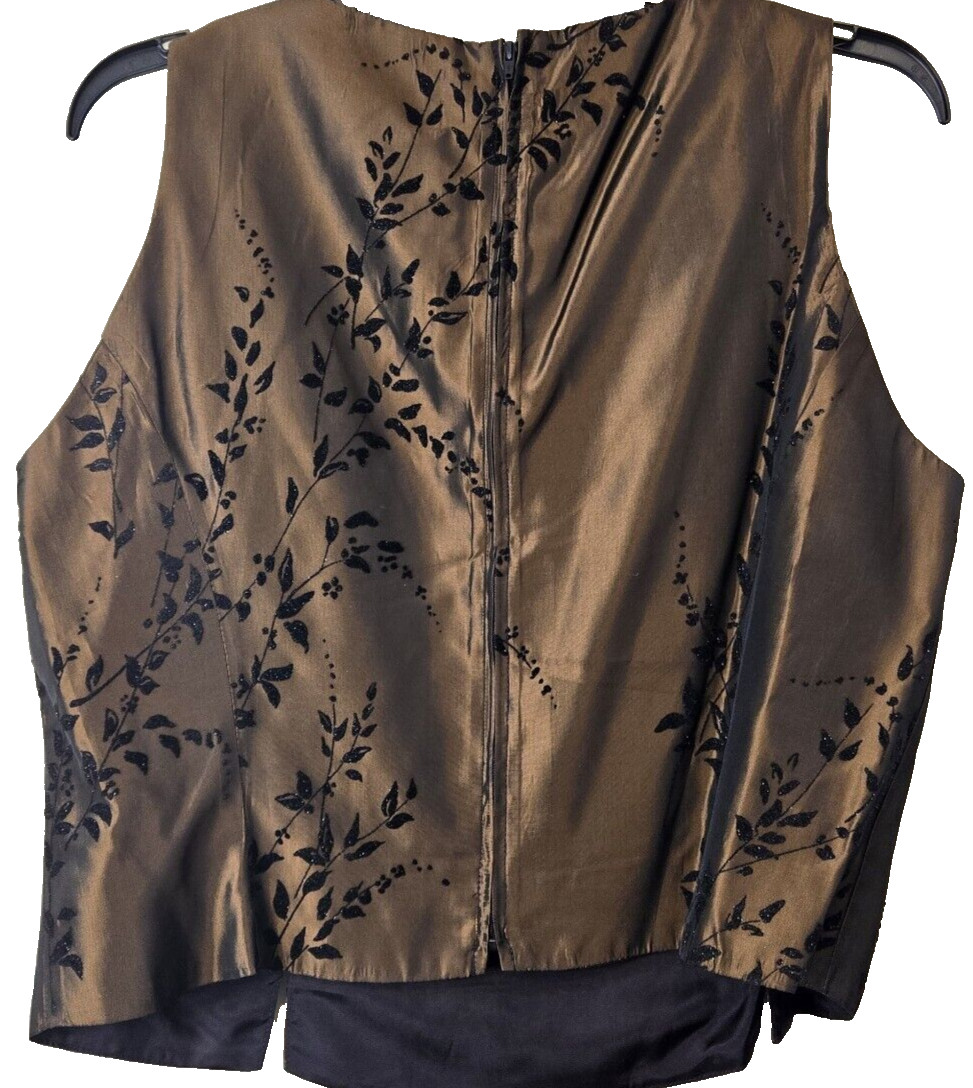 VTG Jeffrey Dara Top Women’s 14 Brown Blk Velvet Floral Full Zip Forest Fairy