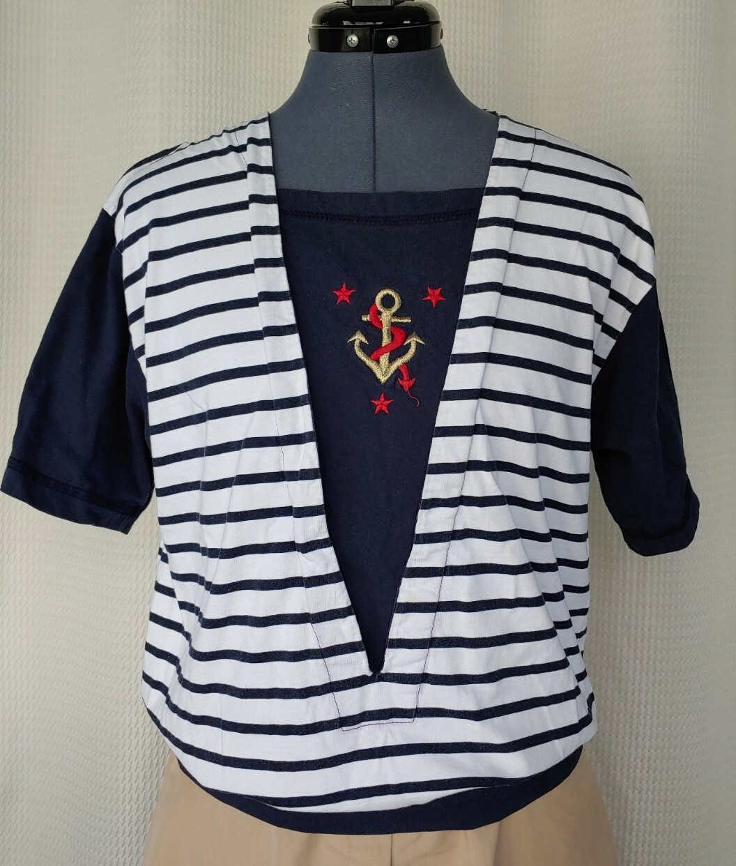 Vintage Jason Maxwell Navy & White Striped Top with Nautical Theme Size Medium