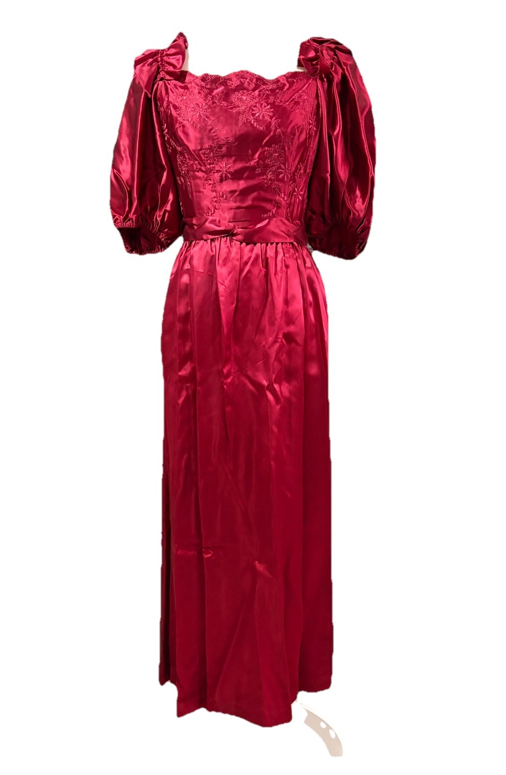 Vintage 1970s Red Satin Floral Embroidered Gown Size S Bow Tie Empire Waist Glam