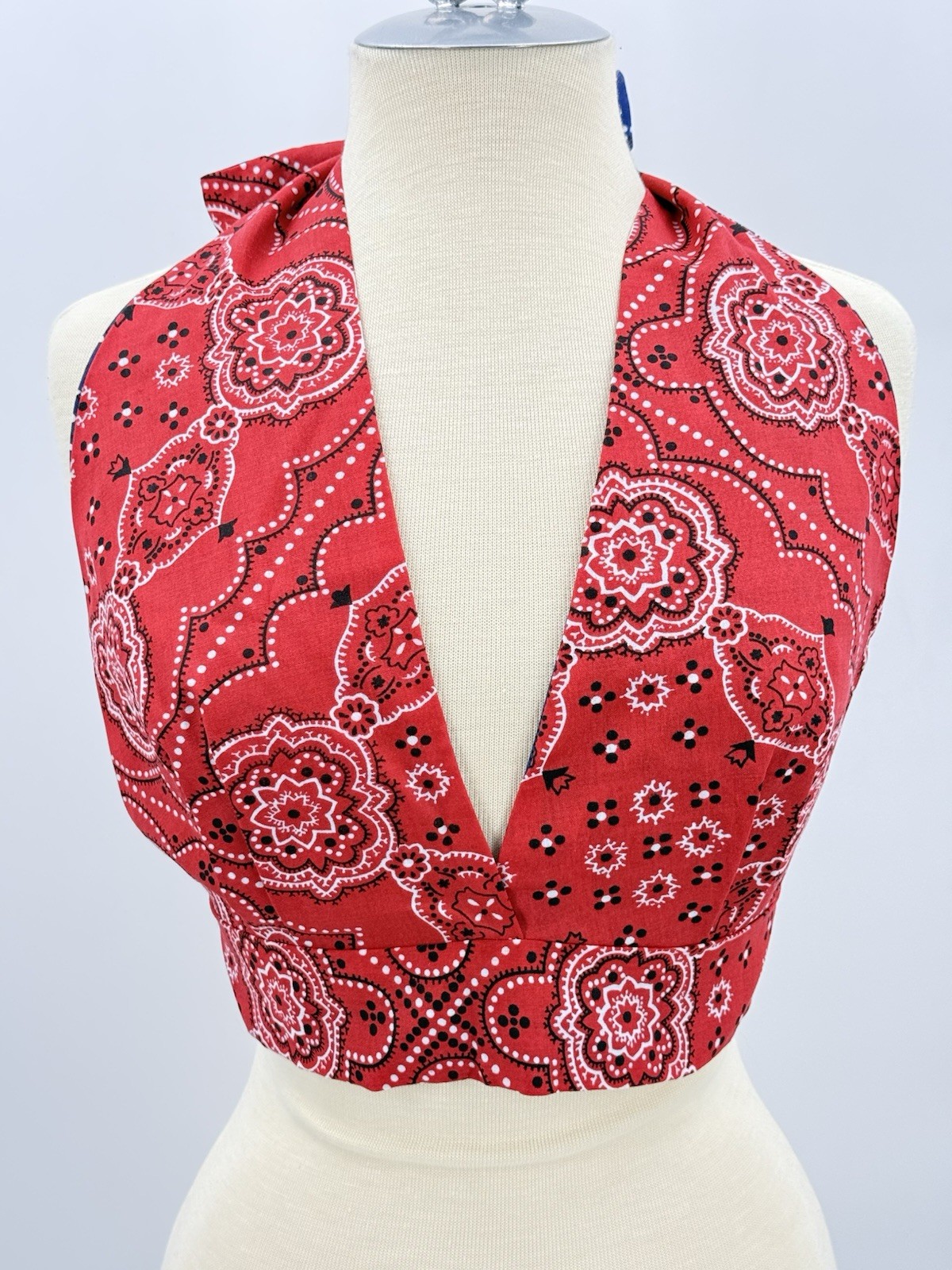 Vintage Hippie Red Blue Bandana Halter Top Reversible Boho Country Handmade