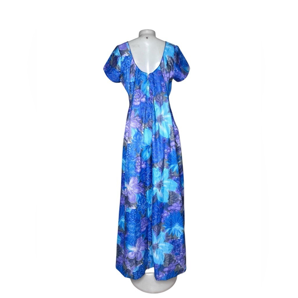 VTG 70s Sun Fashions of Hawaii Floral Muumuu Dress Blue Purple Maxi Aloha Gown