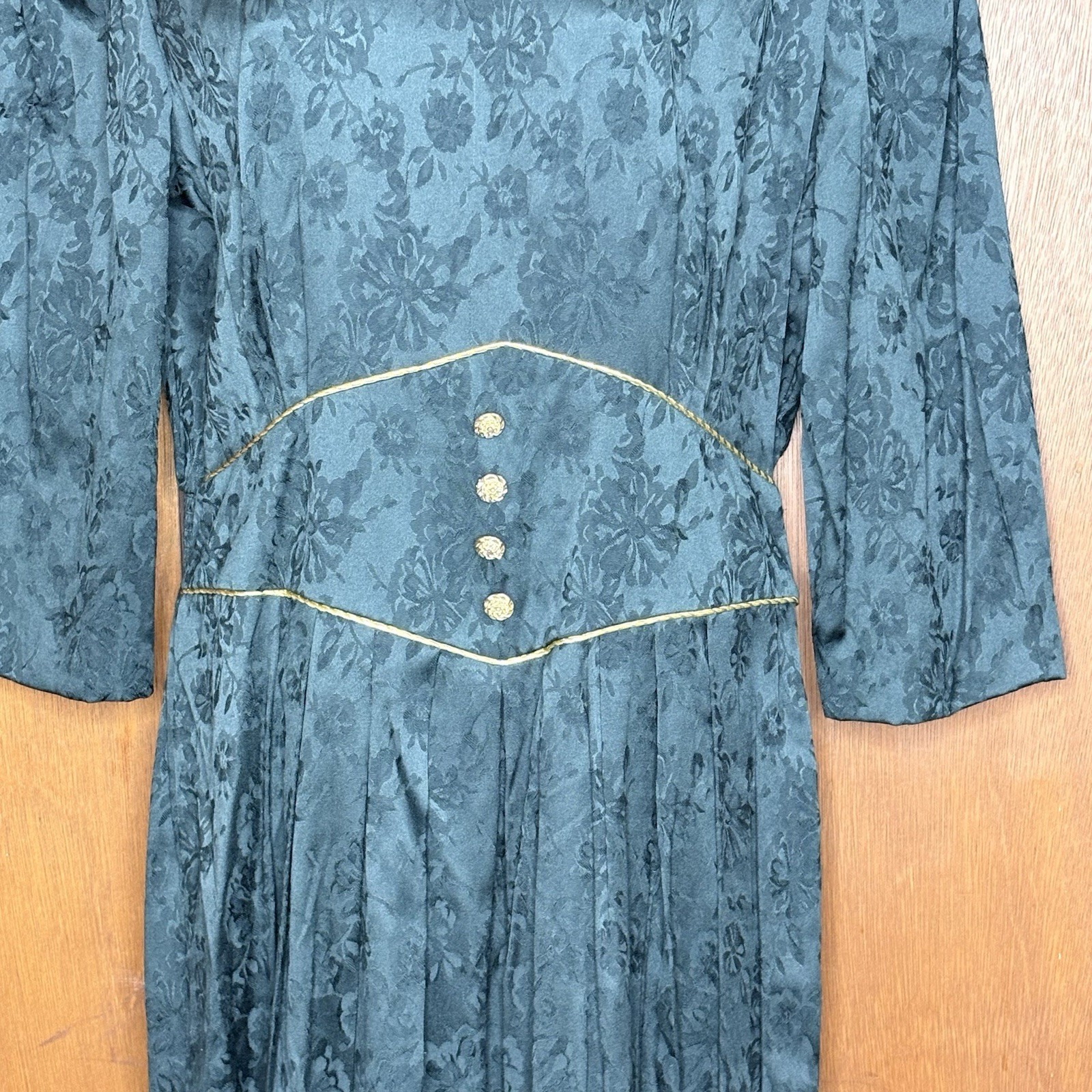 Vintage 80s Miss Dorby Dress Women’s 14 Green Jacquard Cottagecore Regency Fairy