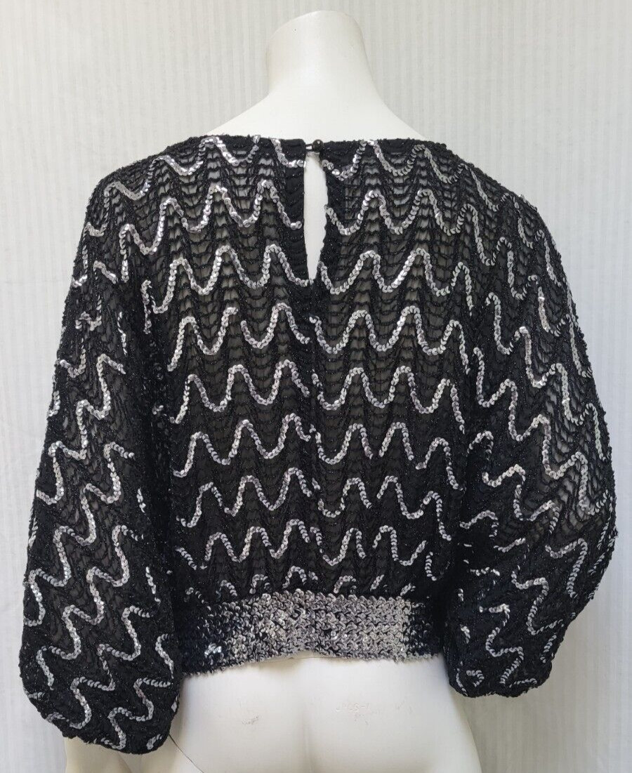 Vintage 1970s Black Silver Sequin Semi Sheer Balloon Sleeve Top – Size S/M
