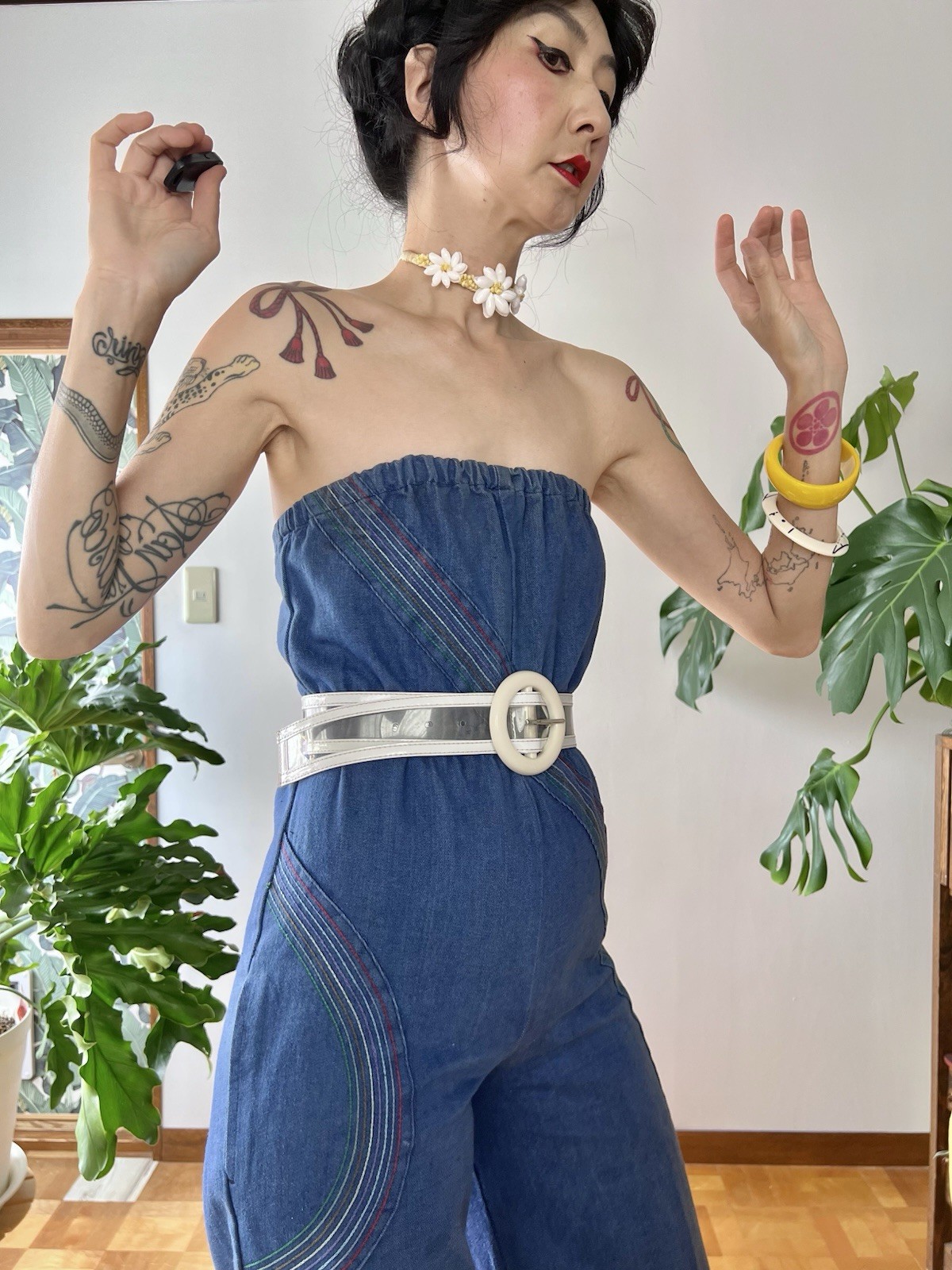 1970s Happy Legs Rainbow Chain Stitch Strapless Denim Jumpsuit Wide Leg XS/S