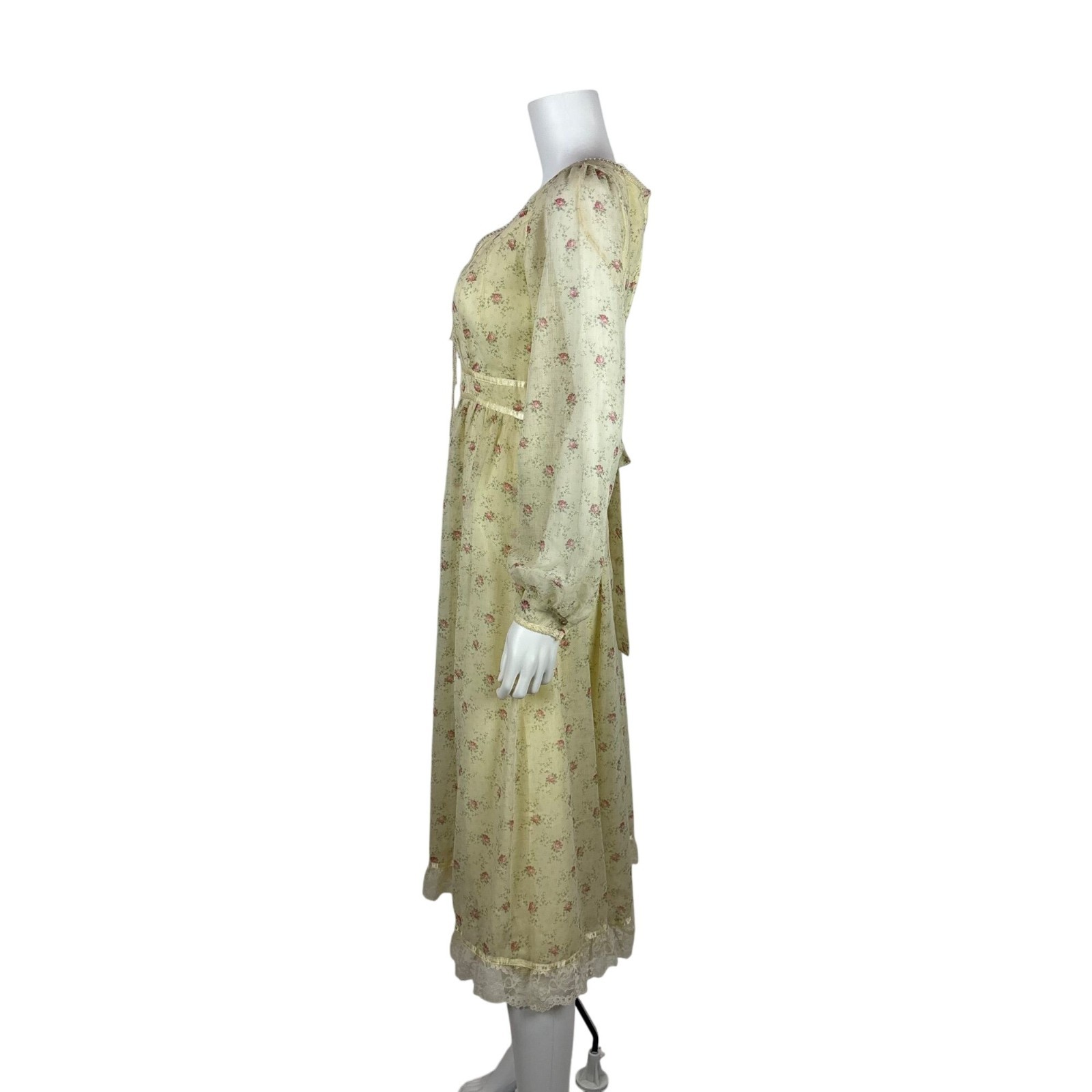 Vintage 70s Prairie Dress Womens Small Pink Rose Print Long Sleeve Gunne Sax