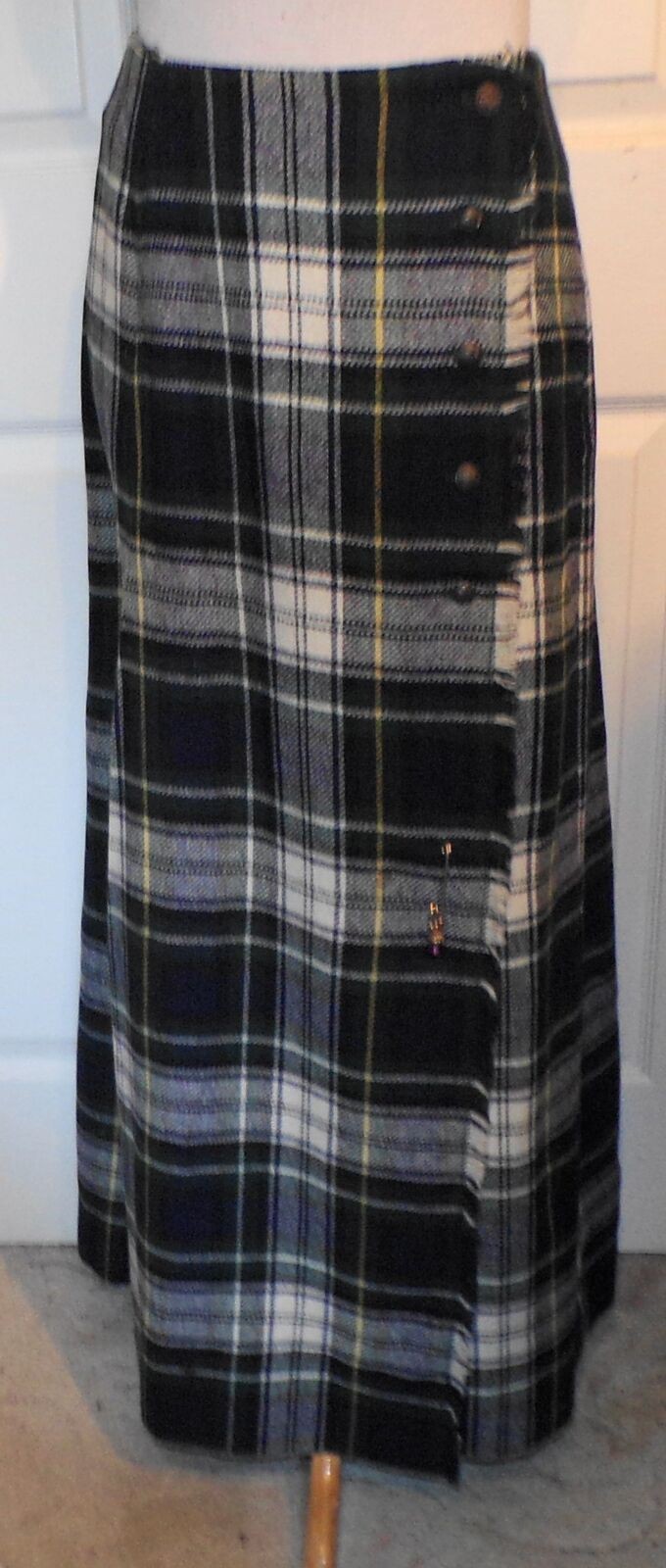 Vintage Green Blue Tartan Plaid Wool Long Kilt Skirt Madison Size 14 W30