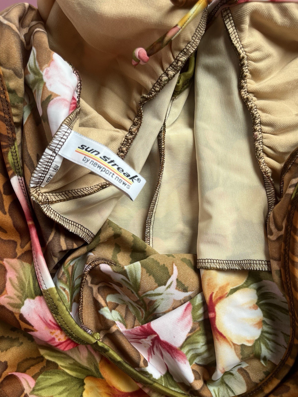 Vintage One Piece Brown Floral Animal Print Swimsuit V-Neck Size 16 Festival
