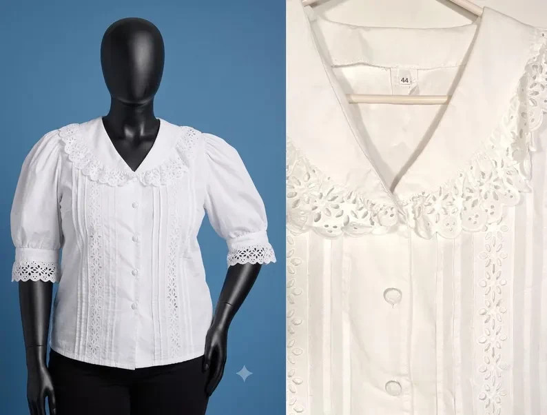 Vintage 1980s Plus Size White Cotton Blend Eyelet Lace Blouse Size XL/2X