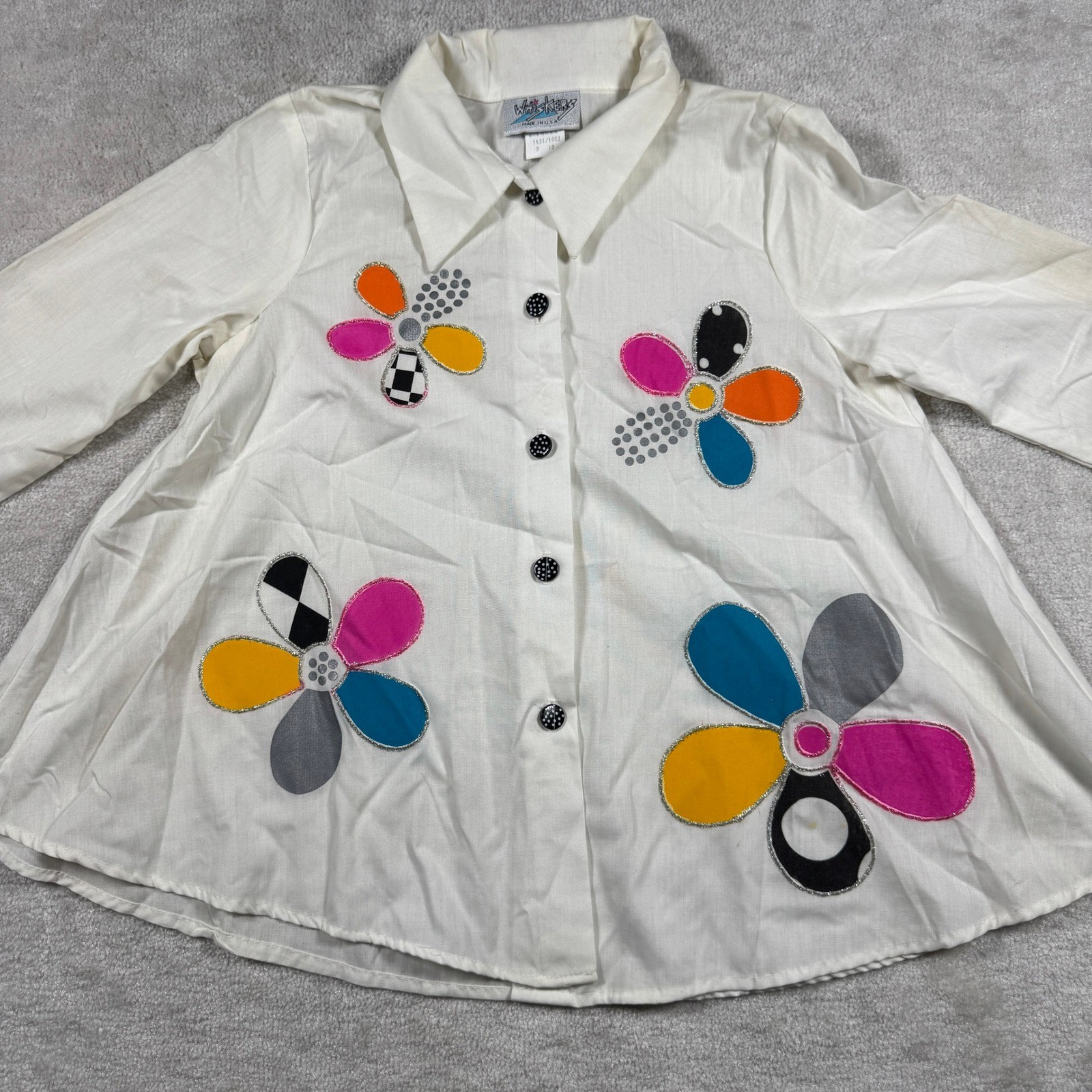 Whiskers Shirt Womens 10 White Floral Applique Swing Top Vintage 90s 3/4 Sleeve