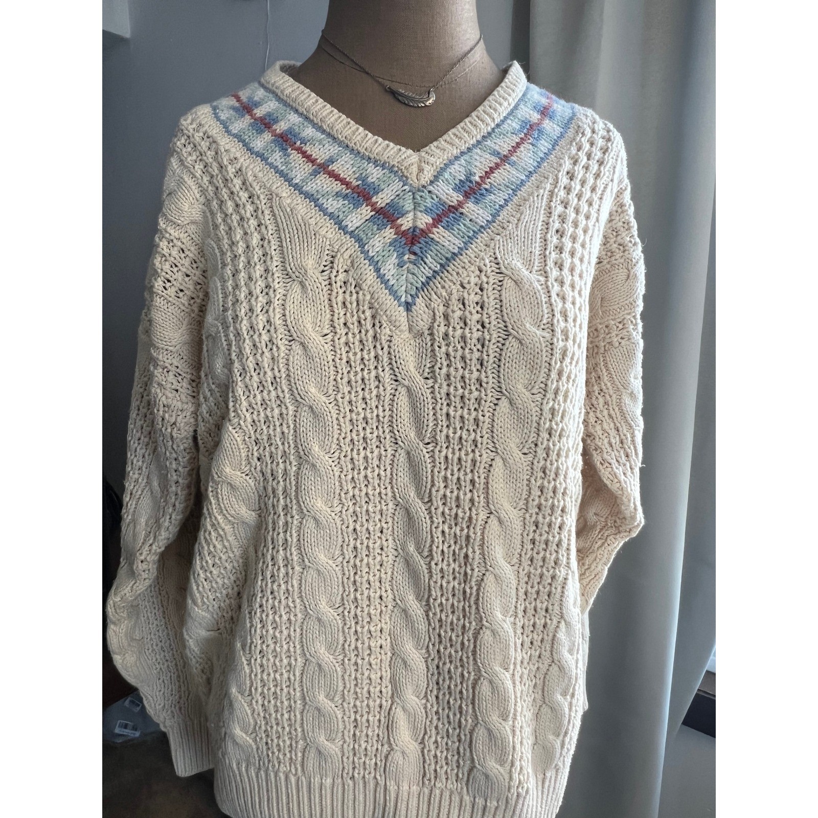 Weathervane Sweater vtg Cable Knit V-Neck Cream argyle neck SM preppy tennis