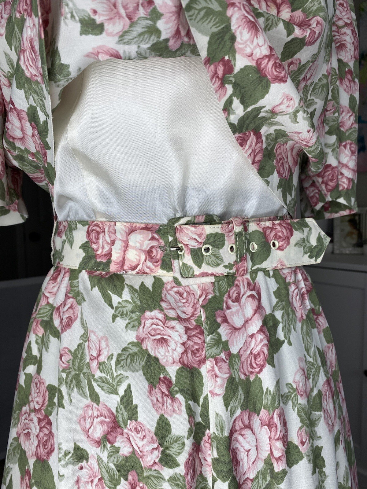 1980s ED Michaels Belted Illusion Dress Florals Rayon Modest Size 9/10 Petite