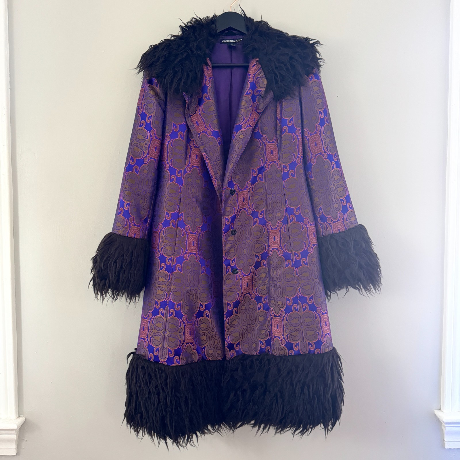 90s vtg VIVIENNE TAM Purple Gold IRIDESCENT Brocade Rave Penny Lane Fur Coat Y2K