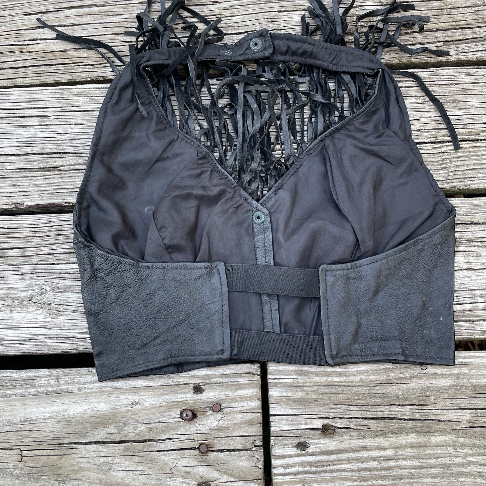 Vtg Y2K Leather Biker Fetish Crop Vest Tank Top Fringe Bra Glam Rock Shirt S