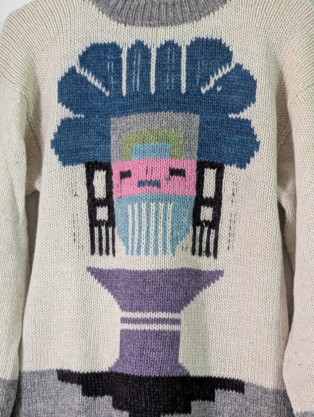 VTG Hand Knit Wool L/S Sweater Womens XL Beige Gray Southwestern Aztec Kachina